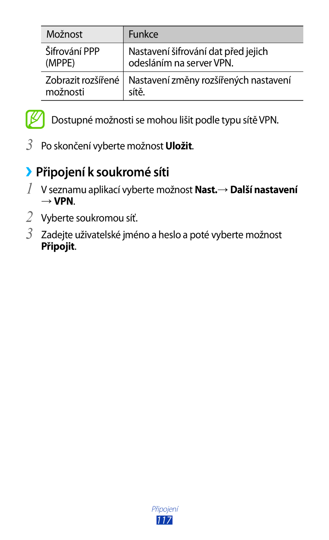 Samsung GT-P5100ZWACOA, GT-P5100TSAXEO, GT-P5100TSAATO ››Připojení k soukromé síti, Odesláním na server VPN, Připojit, 117 