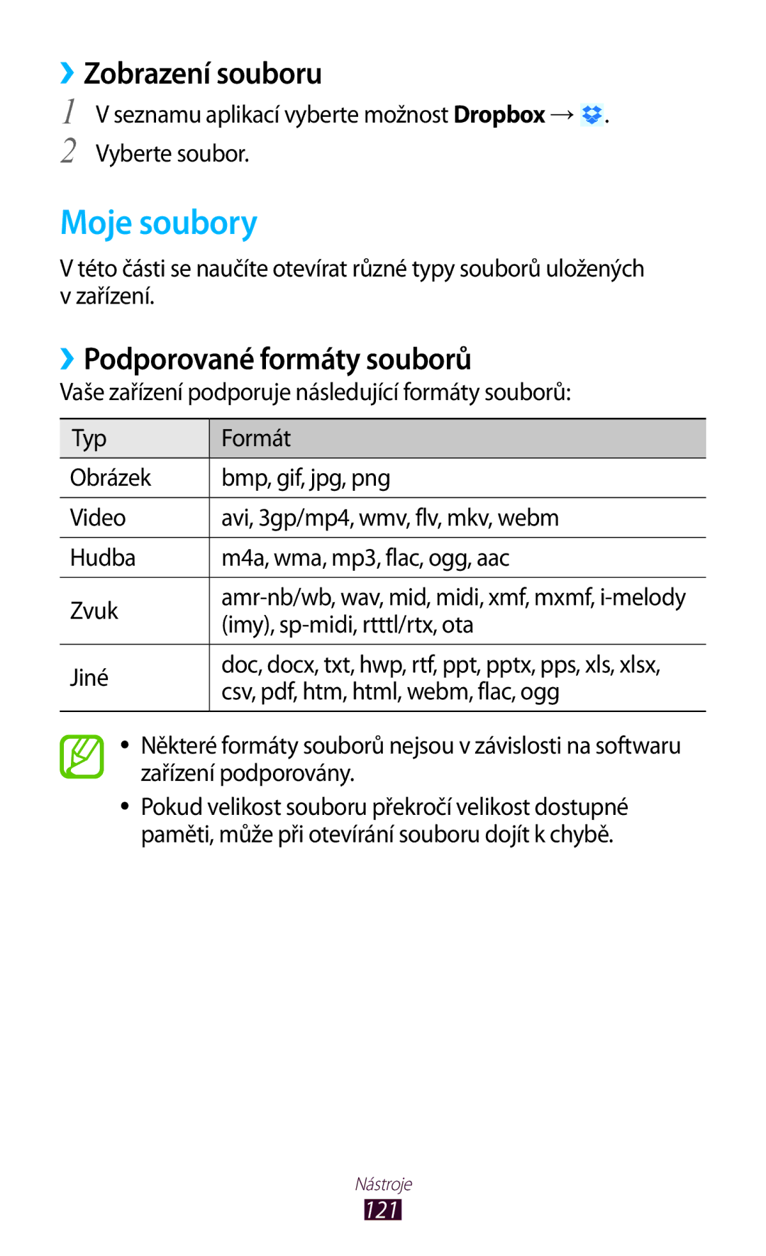 Samsung GT-P5100ZWAPRT, GT-P5100TSAXEO, GT25100TSAVDC Moje soubory, ››Zobrazení souboru, ››Podporované formáty souborů, 121 