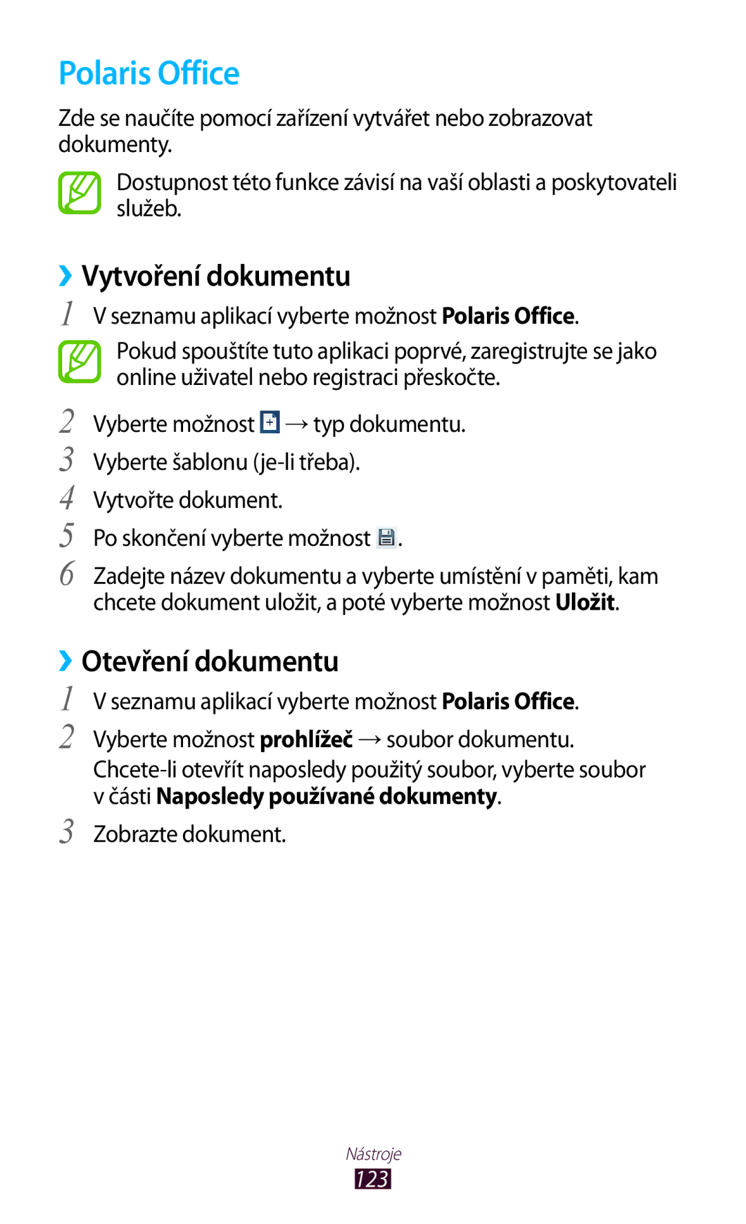 Samsung GT-P5100TSAORS, GT-P5100TSAXEO, GT-P5100TSAATO Polaris Office, ››Vytvoření dokumentu, ››Otevření dokumentu, 123 