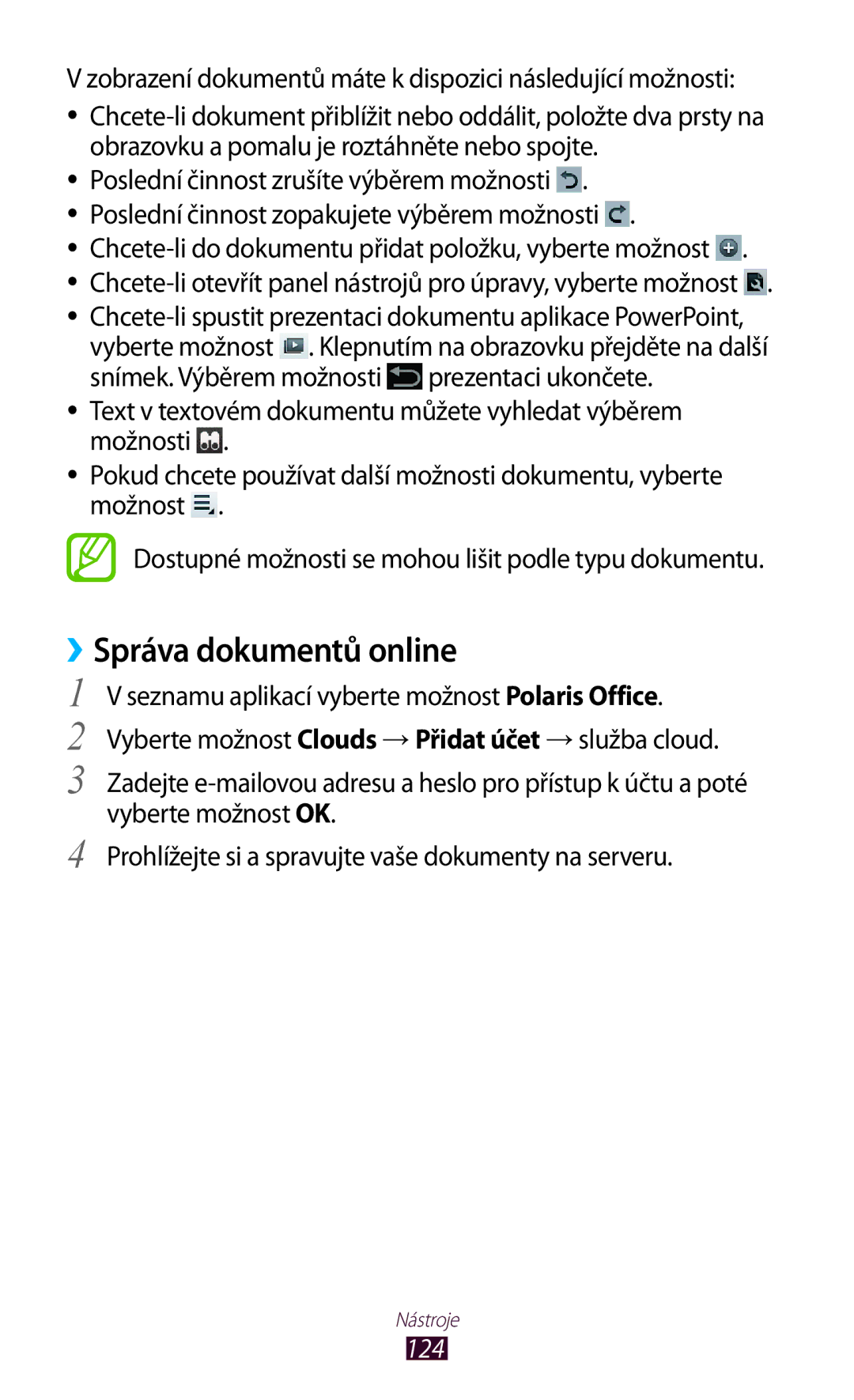 Samsung GT-P5100ZWAXEZ, GT-P5100TSAXEO, GT-P5100TSAATO manual ››Správa dokumentů online, Snímek. Výběrem možnosti, 124 