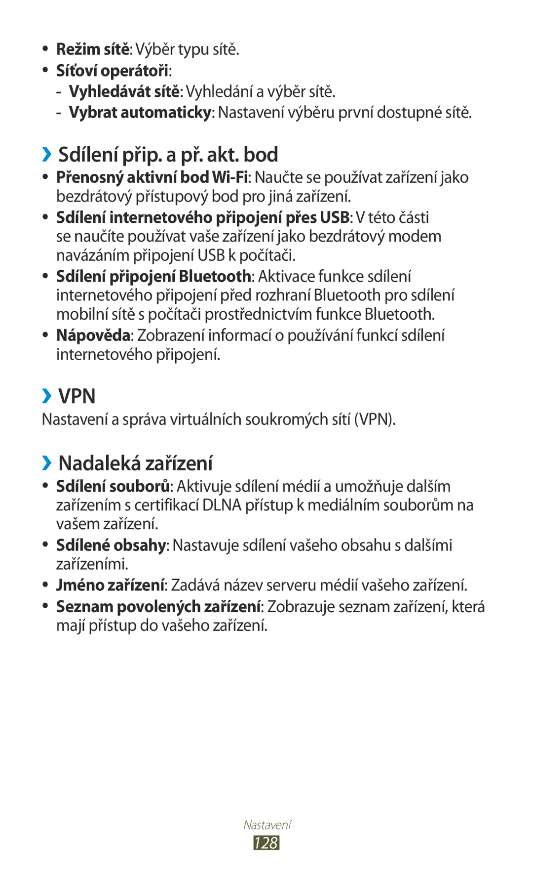 Samsung GT-P5100TSAXEZ, GT-P5100TSAXEO manual ››Sdílení přip. a př. akt. bod, ››Nadaleká zařízení, Síťoví operátoři, 128 