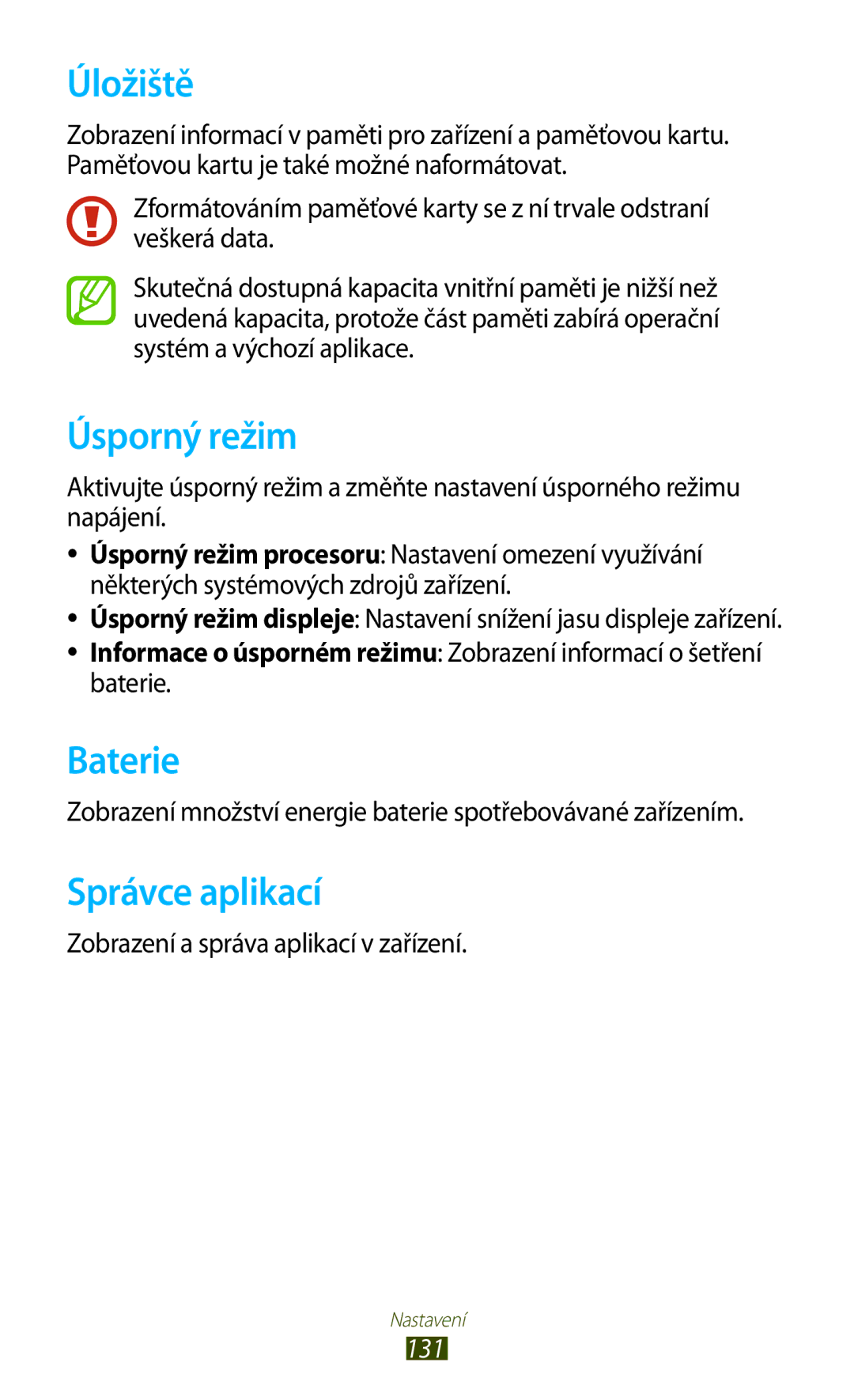 Samsung GT-P5100TSAO2C, GT-P5100TSAXEO, GT-P5100TSAATO manual Úložiště, Úsporný režim, Baterie, Správce aplikací, 131 