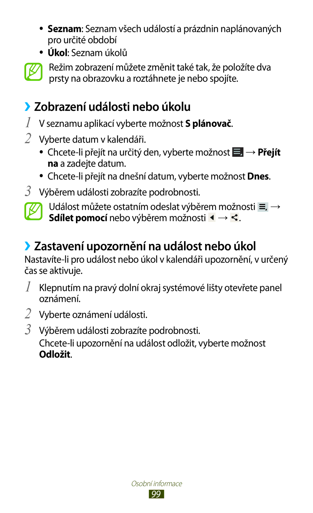 Samsung GT-P5100GRAXSK, GT-P5100TSAXEO manual ››Zobrazení události nebo úkolu, ››Zastavení upozornění na událost nebo úkol 