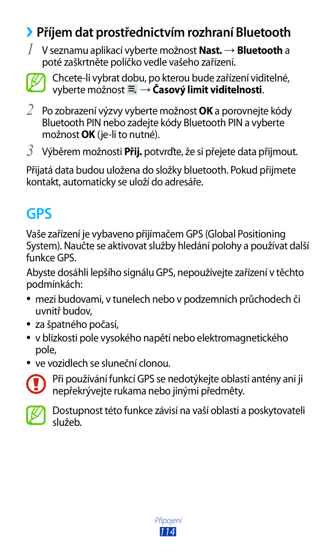 Samsung GT-P5100TSAXEO, GT-P5100TSAATO, GT-P5100ZWABGL, GT-P5100ZWACOA ››Příjem dat prostřednictvím rozhraní Bluetooth, 114 