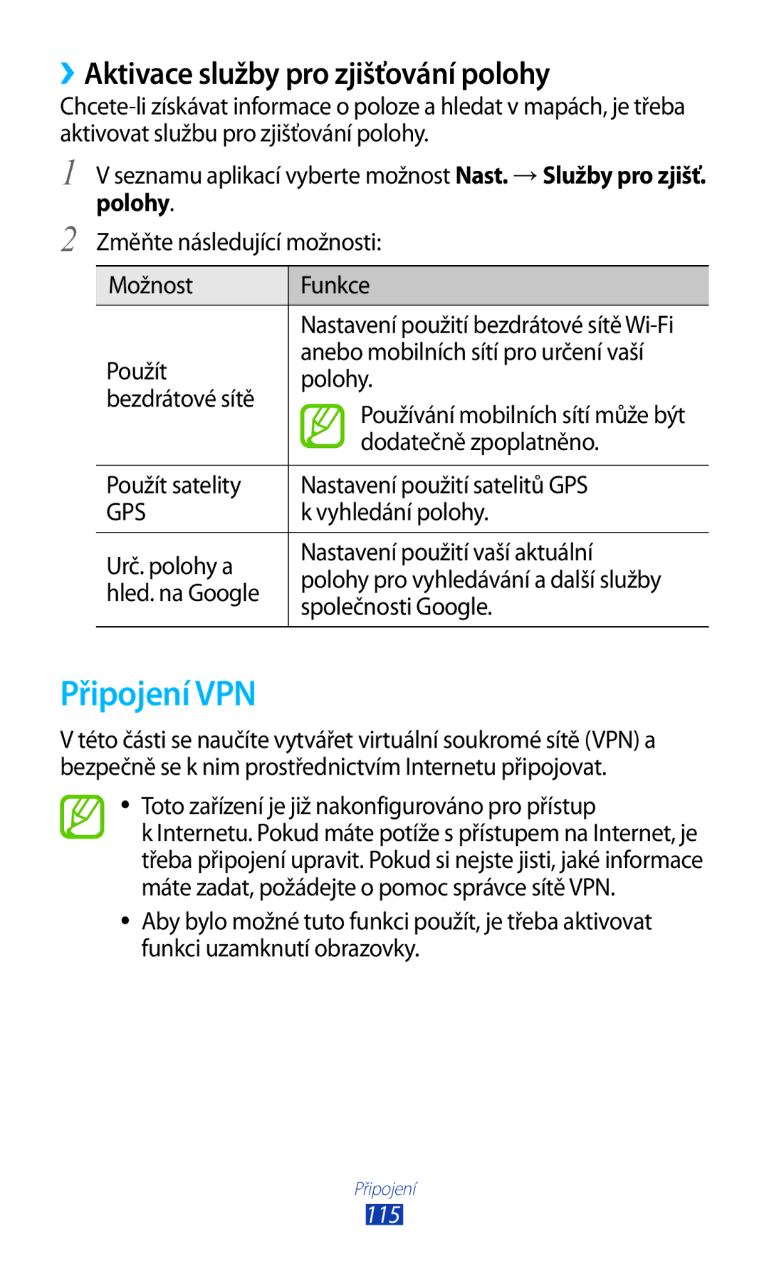 Samsung GT-P5100TSAATO, GT-P5100TSAXEO, GT-P5100ZWABGL Připojení VPN, ››Aktivace služby pro zjišťování polohy, Polohy, 115 