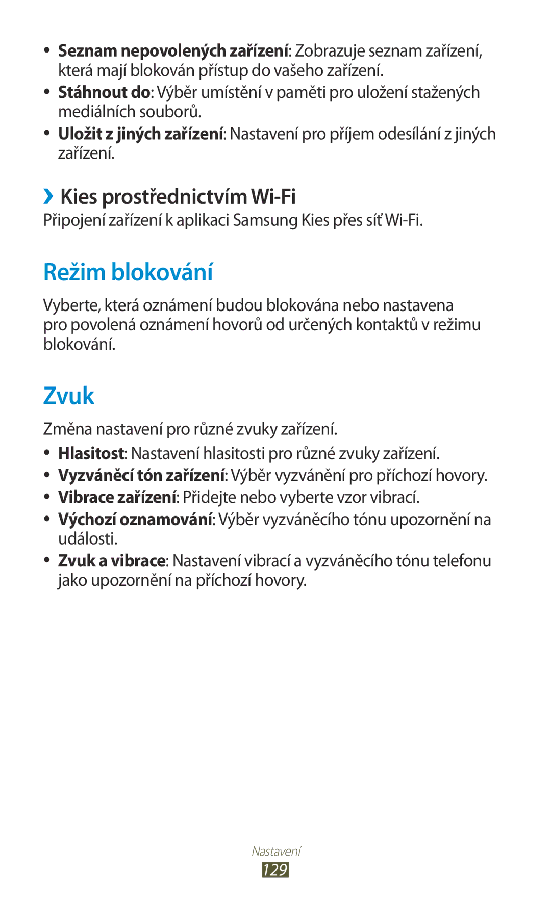 Samsung GT-P5100TSAVDC, GT-P5100TSAXEO, GT-P5100TSAATO manual Režim blokování, Zvuk, ››Kies prostřednictvím Wi-Fi, 129 