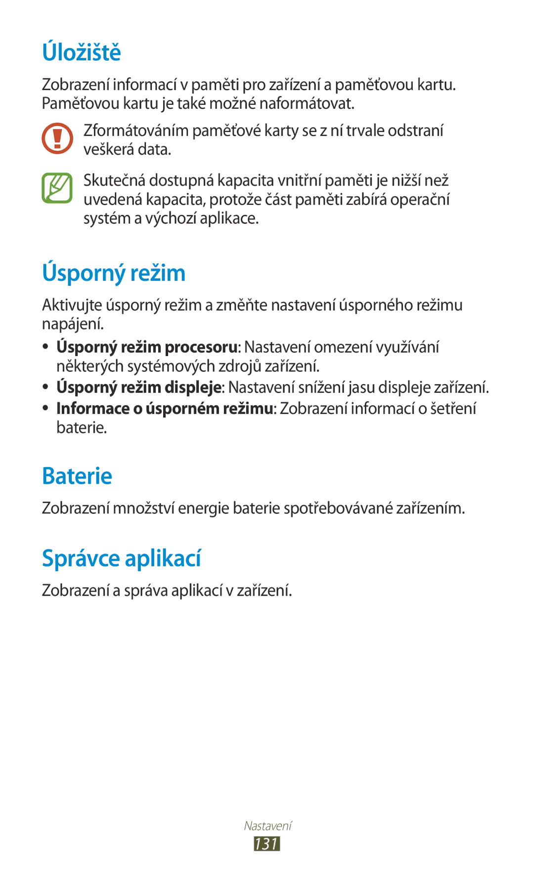 Samsung GT-P5100TSAO2C, GT-P5100TSAXEO, GT-P5100TSAATO manual Úložiště, Úsporný režim, Baterie, Správce aplikací, 131 