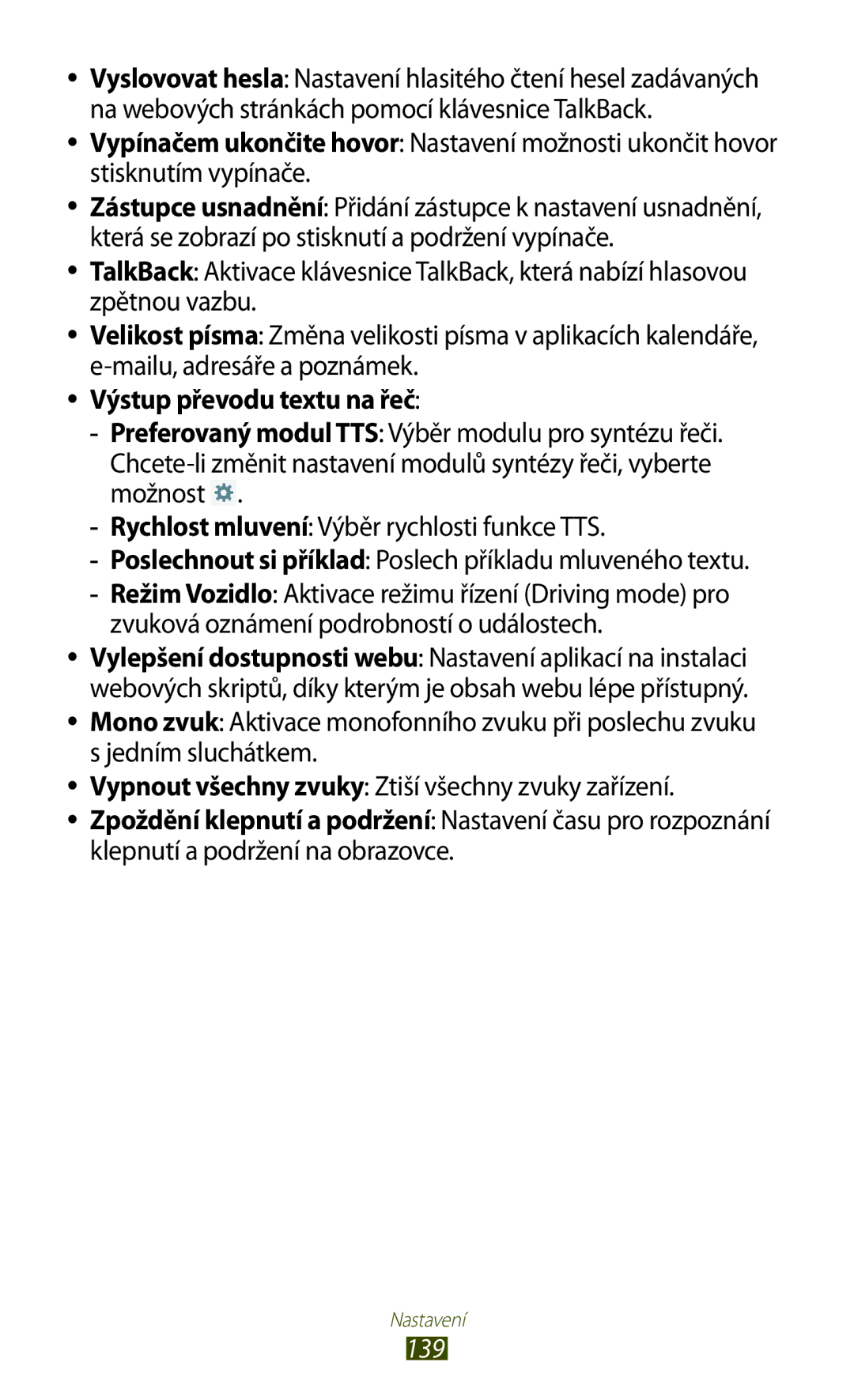 Samsung GT25100TSAVDC, GT-P5100TSAXEO, GT-P5100TSAATO, GT-P5100ZWABGL, GT-P5100ZWACOA manual Výstup převodu textu na řeč, 139 