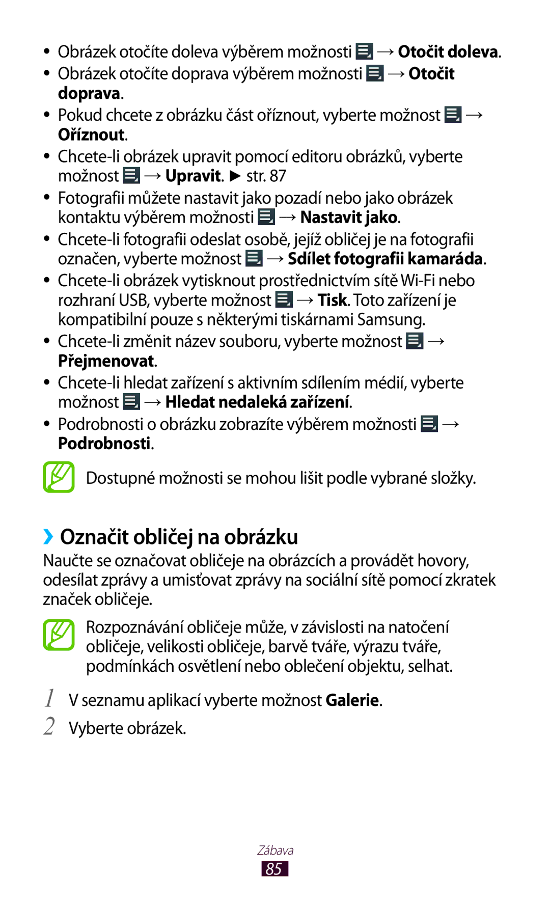 Samsung GT-P5100TSAORS manual ››Označit obličej na obrázku, Seznamu aplikací vyberte možnost Galerie. Vyberte obrázek 