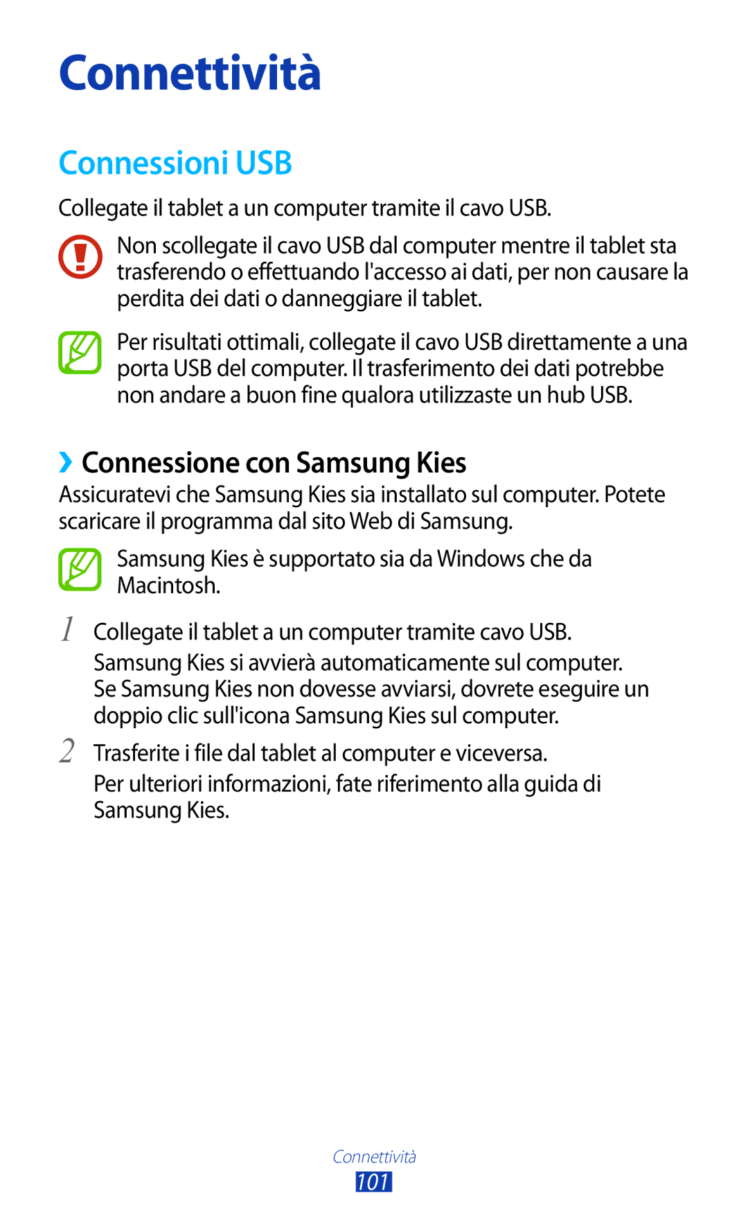 Samsung GT-P5100ZWAHUI, GT-P5100TSAXEO, GT-P5100ZWAITV, GT-P5100TSAVD2 Connessioni USB, ››Connessione con Samsung Kies, 101 