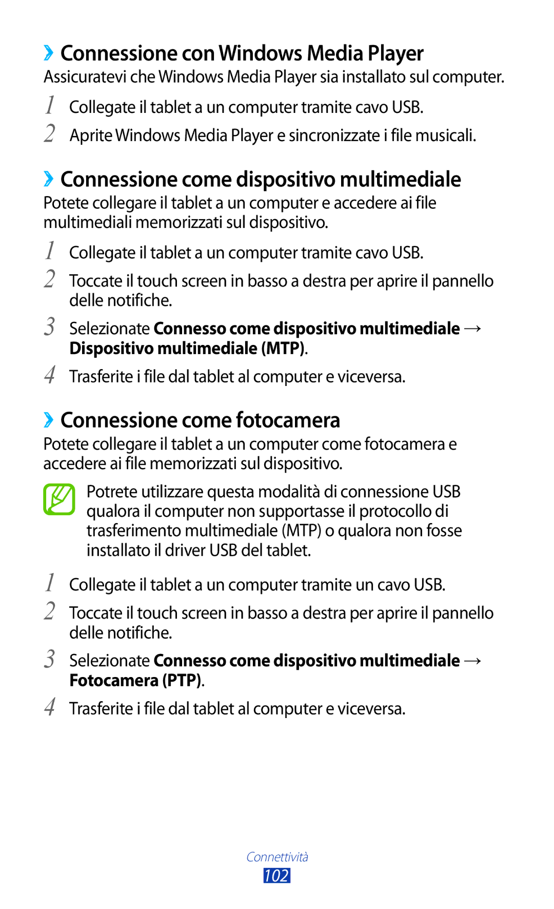 Samsung GT-P5100TSATIM manual ››Connessione con Windows Media Player, ››Connessione come dispositivo multimediale, 102 