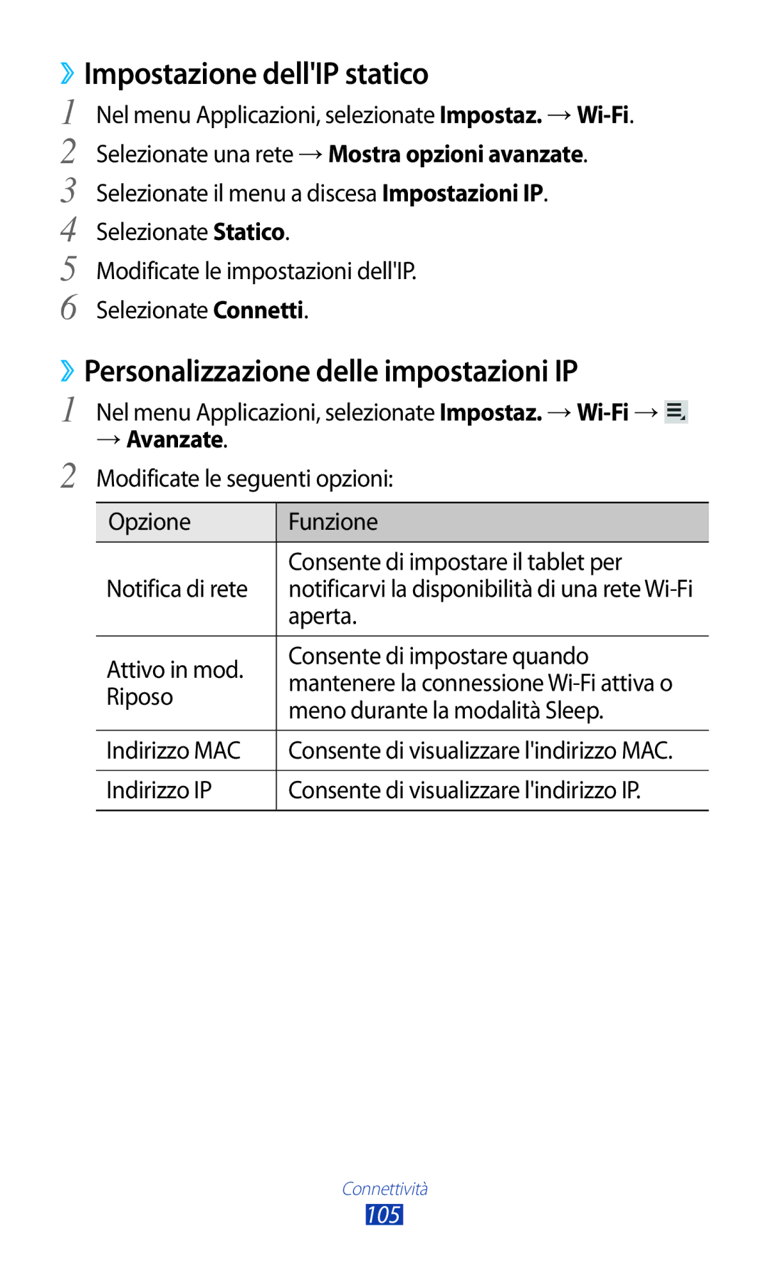 Samsung GT-P5100ZWAOMN manual ››Impostazione dellIP statico, ››Personalizzazione delle impostazioni IP, → Avanzate, 105 