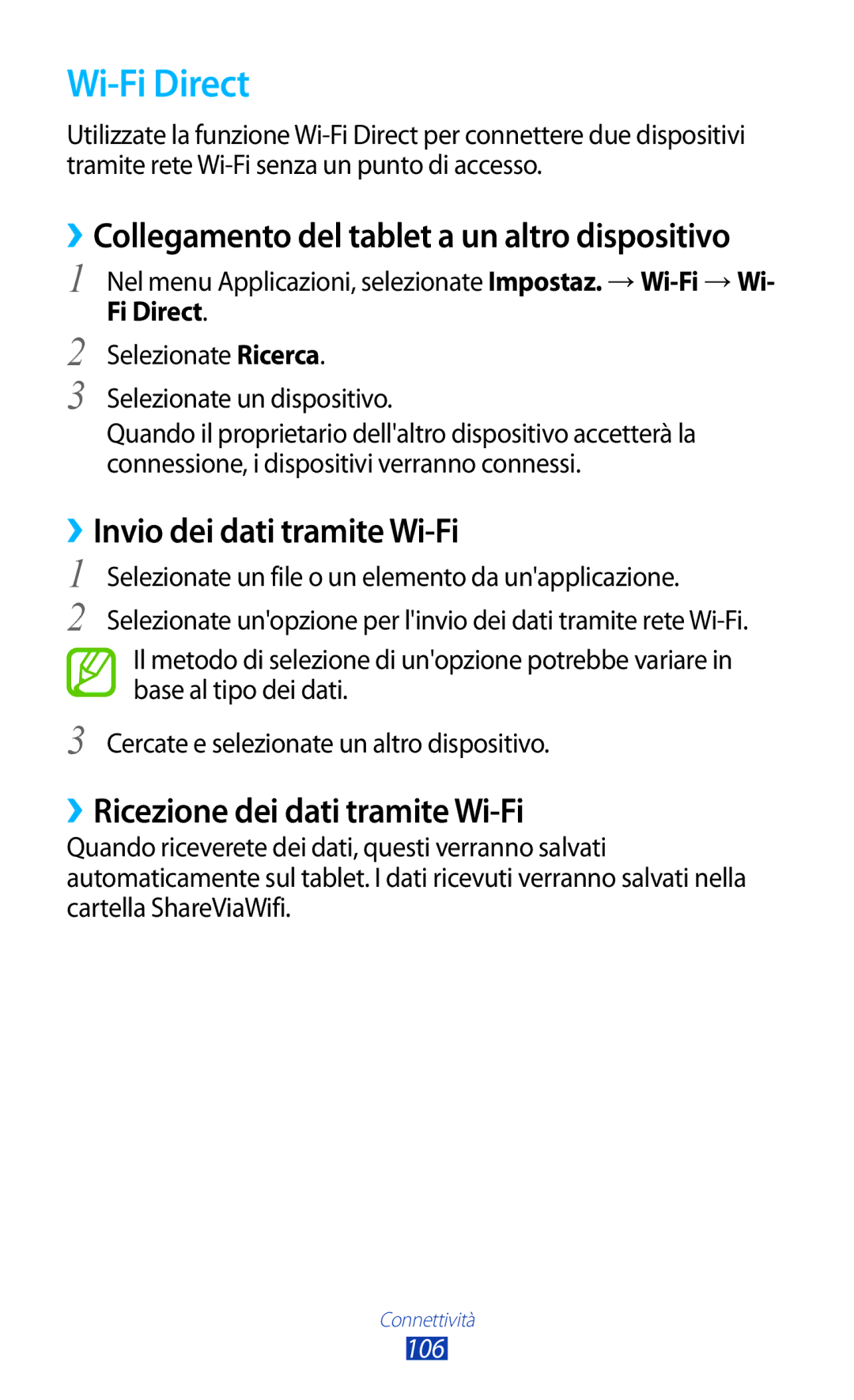 Samsung GT-P5100TSAWIN Wi-Fi Direct, ››Collegamento del tablet a un altro dispositivo, ››Invio dei dati tramite Wi-Fi 