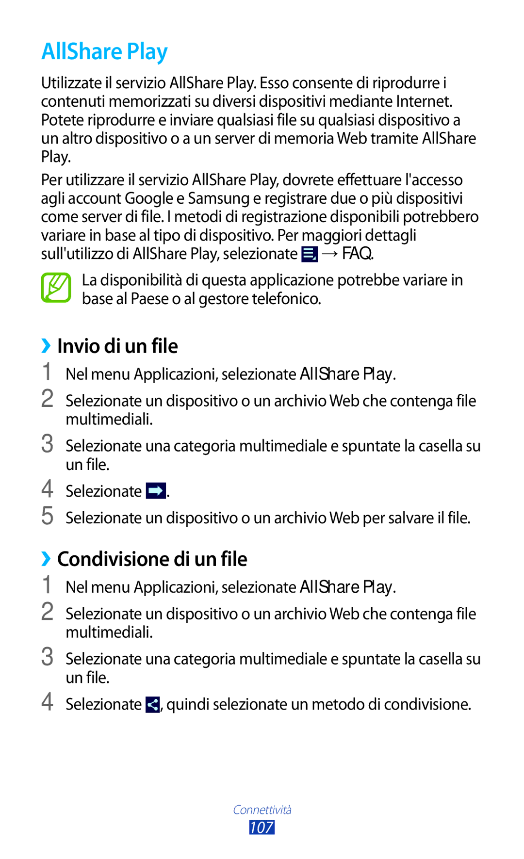 Samsung GT-P5100ZWAORL, GT-P5100TSAXEO, GT-P5100ZWAITV AllShare Play, ››Invio di un file, ››Condivisione di un file, 107 