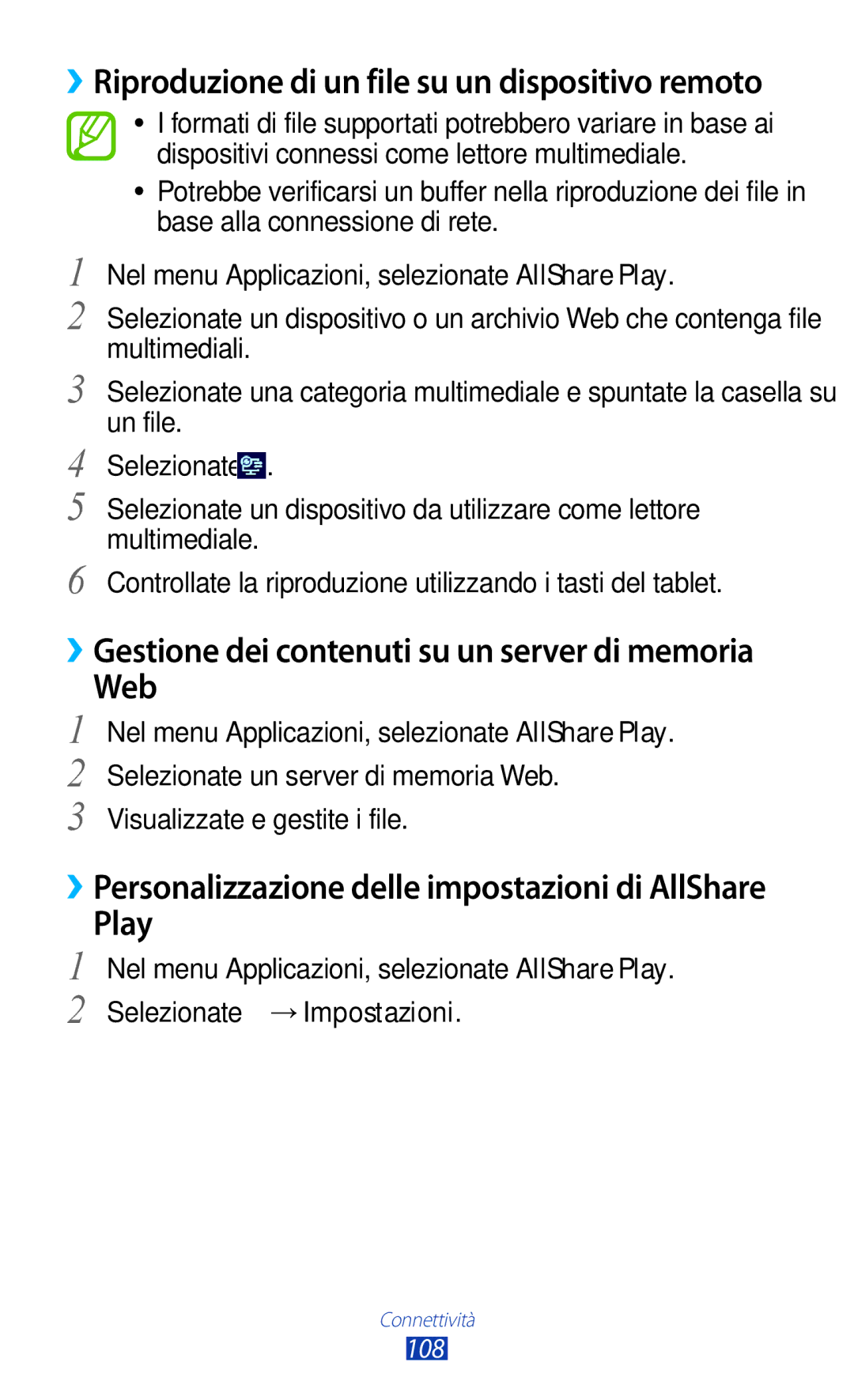 Samsung GT-P5100TSAXEO, GT-P5100ZWAITV, GT-P5100TSAVD2, GT-P5100ZWADBT, GT-P5100ZWAWIN manual Web, Play, →Impostazioni, 108 