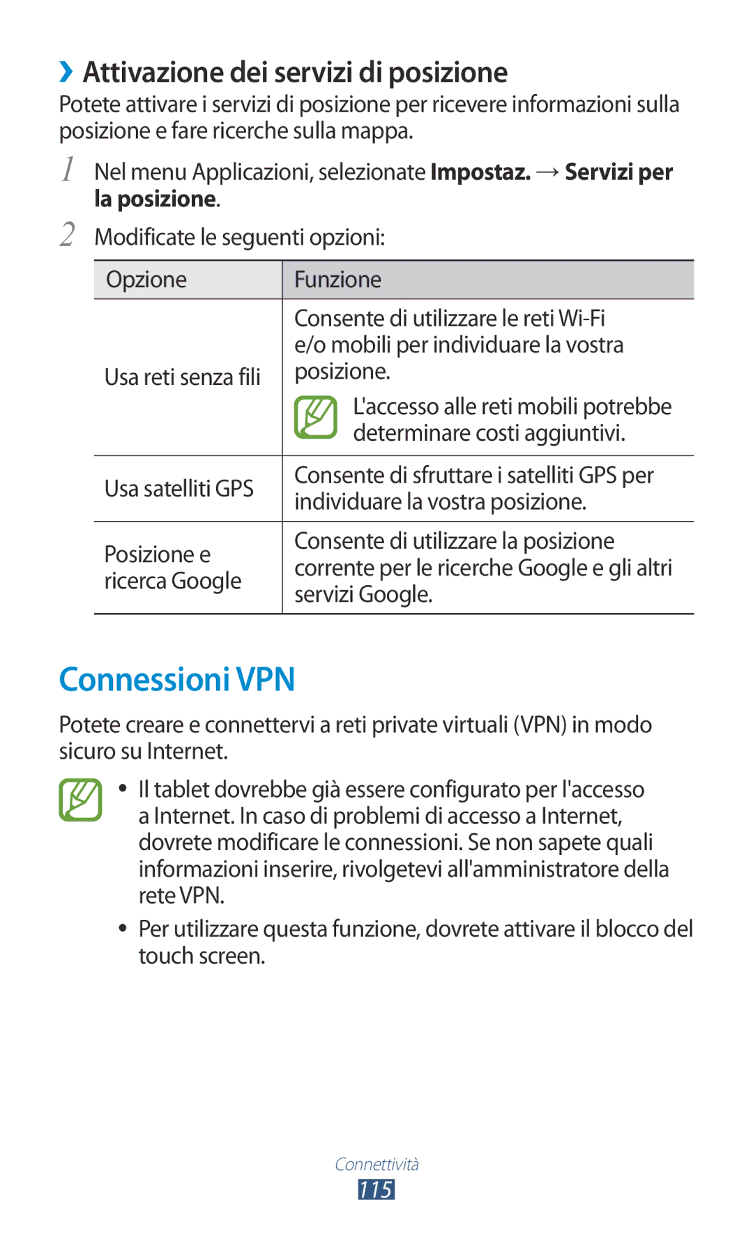 Samsung GT-P5100TSAOMN, GT-P5100TSAXEO manual Connessioni VPN, ››Attivazione dei servizi di posizione, La posizione, 115 