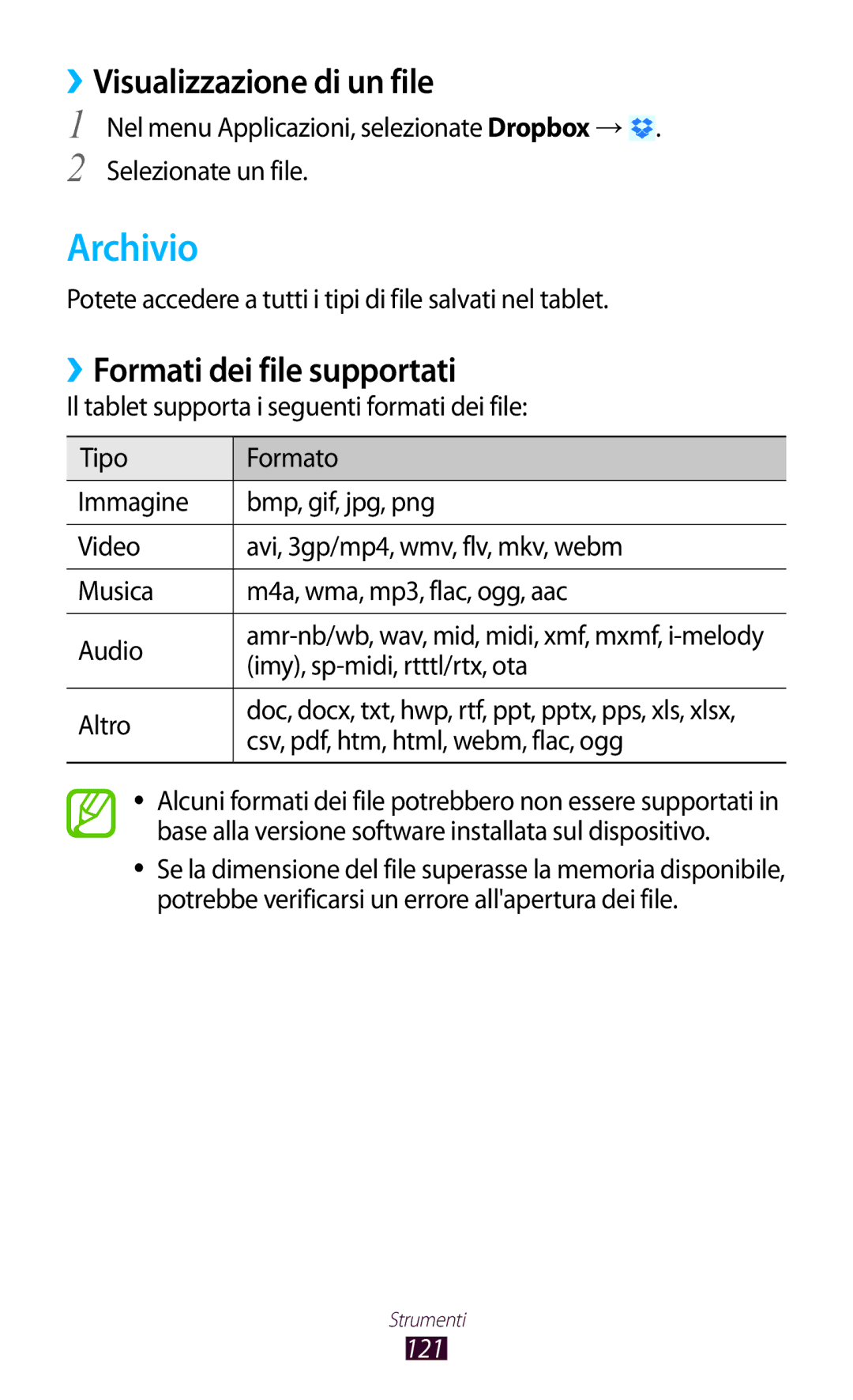 Samsung GT-P5100ZWAITV, GT-P5100TSAXEO manual Archivio, ››Visualizzazione di un file, ››Formati dei file supportati, 121 