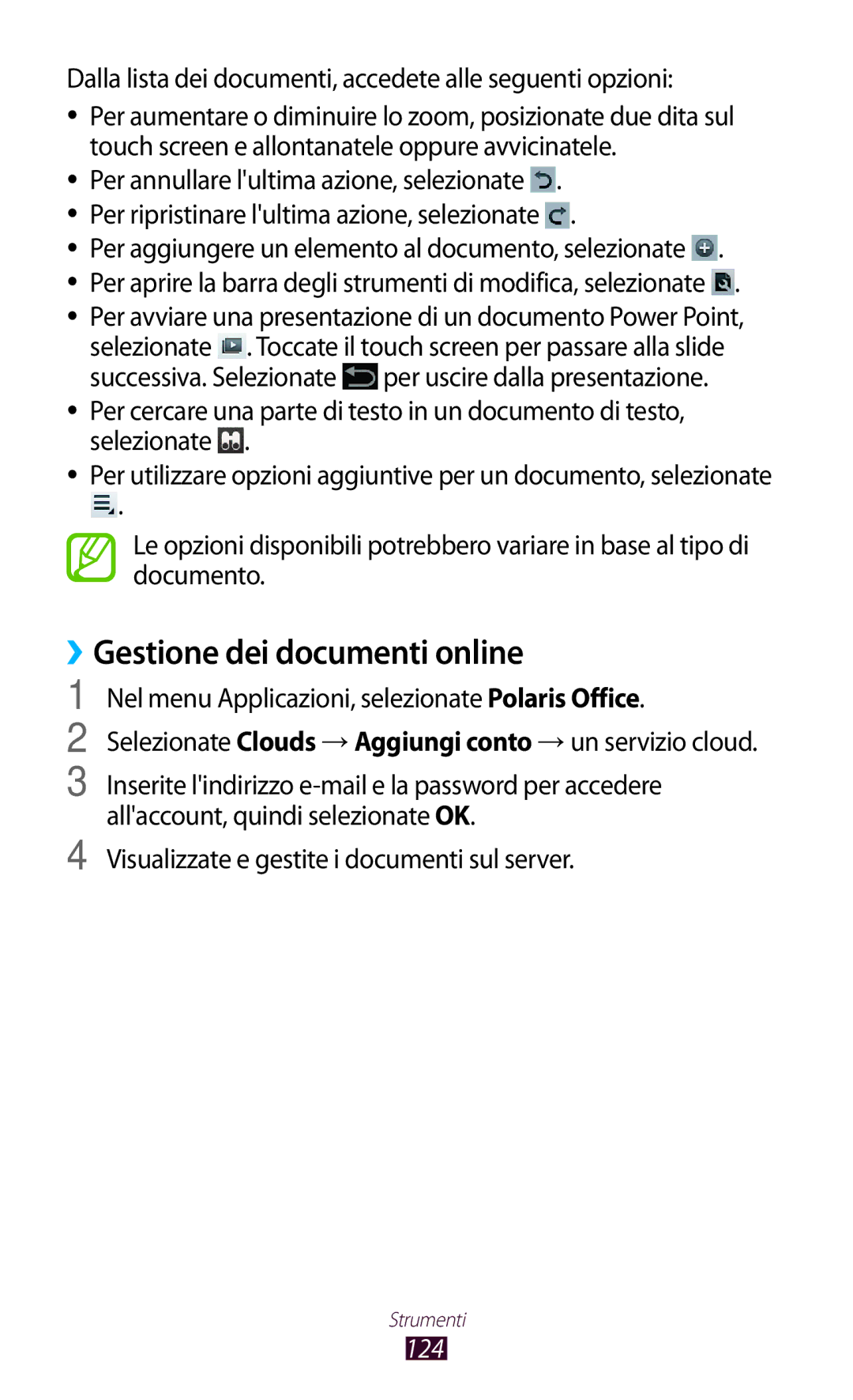 Samsung GT-P5100ZWAWIN ››Gestione dei documenti online, Dalla lista dei documenti, accedete alle seguenti opzioni, 124 