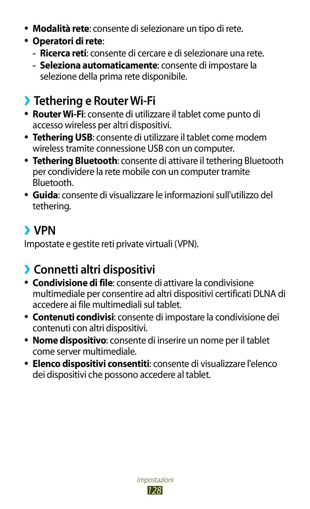 Samsung GT-P5100ZWATIM, GT-P5100TSAXEO, GT-P5100ZWAITV manual ››Tethering e Router Wi-Fi, ››Connetti altri dispositivi, 128 