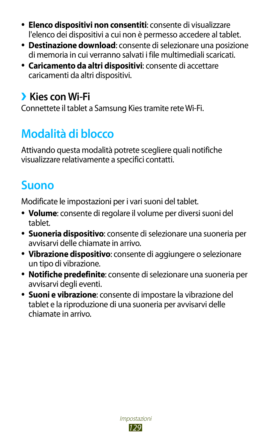 Samsung GT-P5100ZWAOMN Modalità di blocco, Suono, ››Kies con Wi-Fi, Connettete il tablet a Samsung Kies tramite rete Wi-Fi 