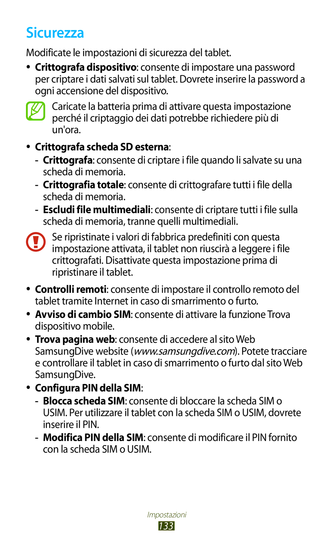 Samsung GT-P5100ZWAITV, GT-P5100TSAXEO manual Sicurezza, Crittografa scheda SD esterna, Configura PIN della SIM, 133 