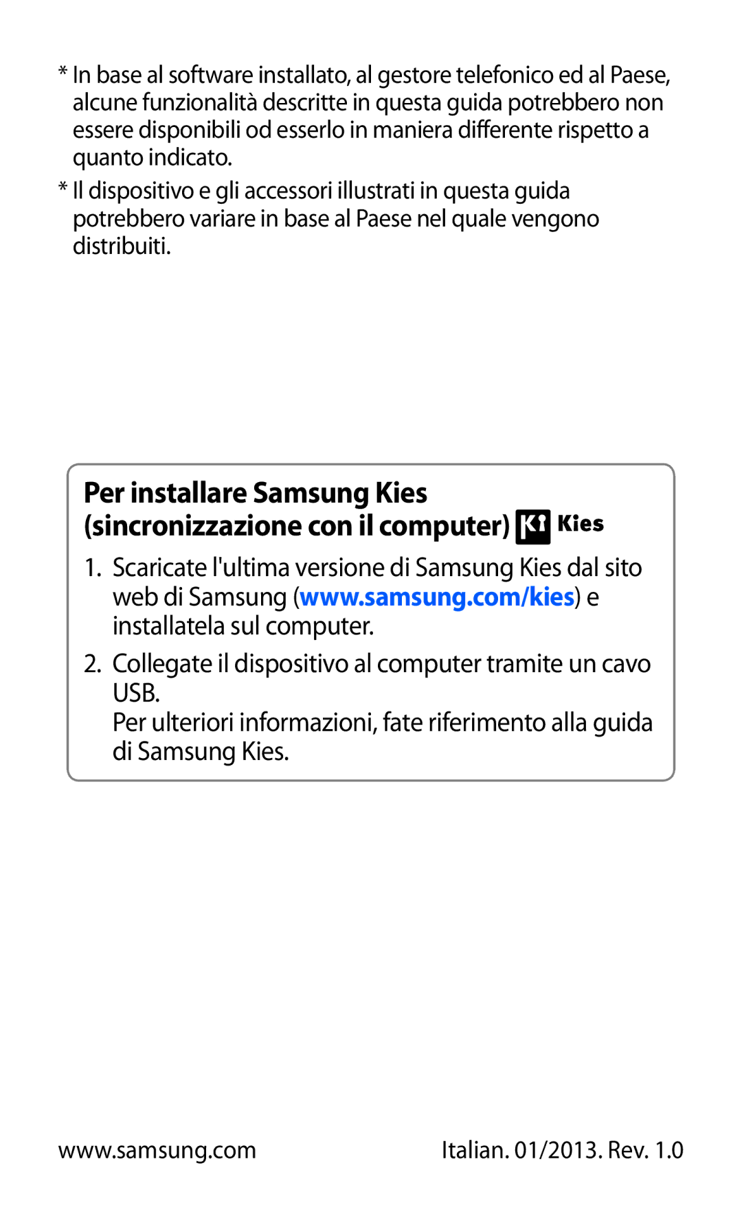 Samsung GT-P5100TSATIM, GT-P5100TSAXEO, GT-P5100ZWAITV manual Per installare Samsung Kies sincronizzazione con il computer 