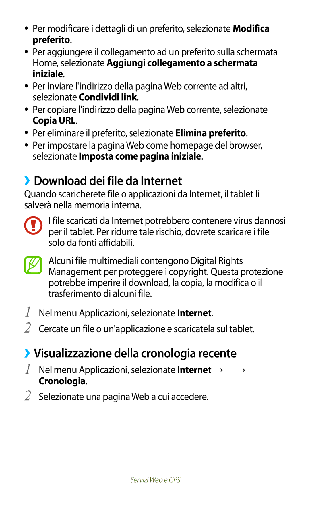 Samsung GT-P5100ZWATIM, GT-P5100TSAXEO manual ››Download dei file da Internet, ››Visualizzazione della cronologia recente 