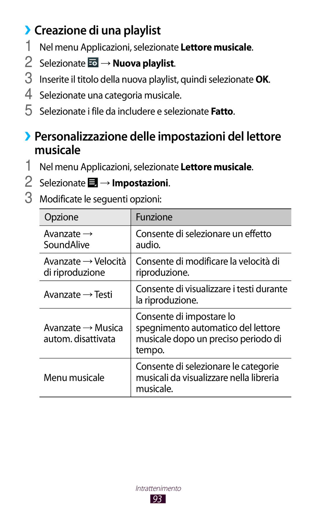 Samsung GT-P5100ZWAOMN manual ››Creazione di una playlist, ››Personalizzazione delle impostazioni del lettore musicale 