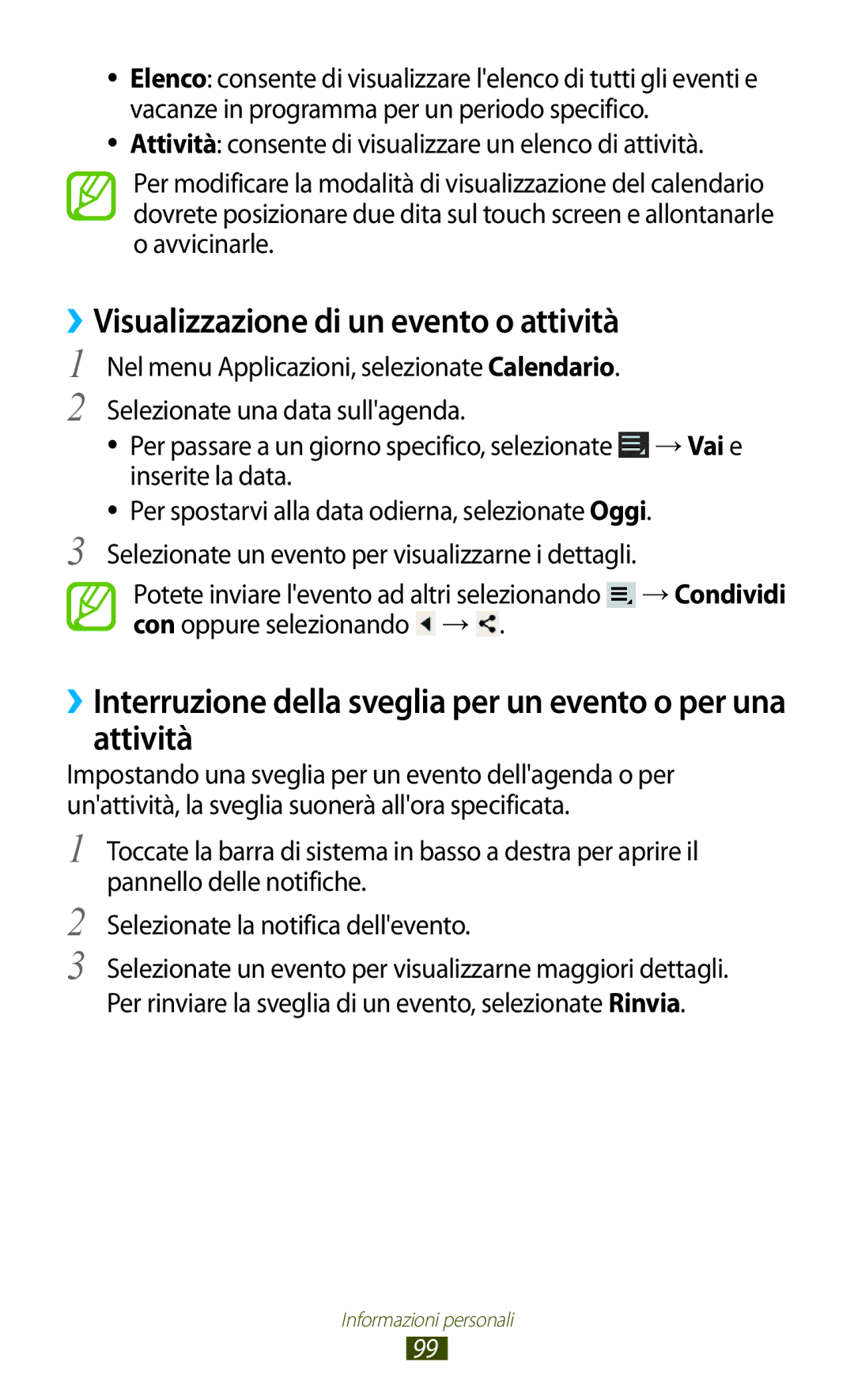 Samsung GT-P5100ZWAWIN, GT-P5100TSAXEO, GT-P5100ZWAITV, GT-P5100TSAVD2 manual ››Visualizzazione di un evento o attività 