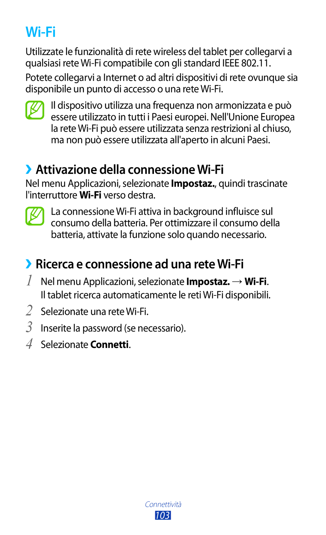 Samsung GT-P5100ZWATIM manual ››Attivazione della connessione Wi-Fi, ››Ricerca e connessione ad una rete Wi-Fi, 103 