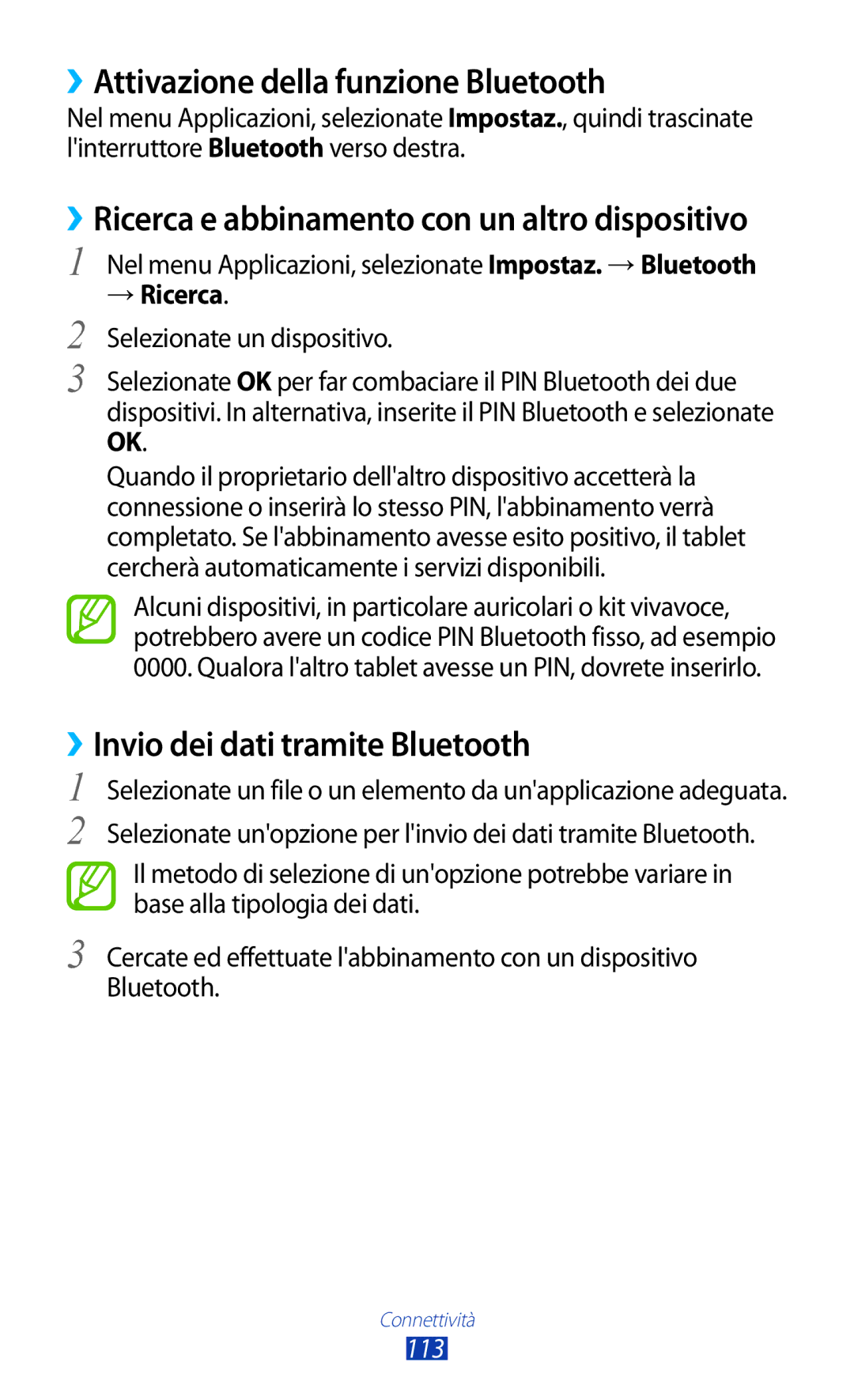 Samsung GT-P5100TSATIM manual ››Attivazione della funzione Bluetooth, ››Invio dei dati tramite Bluetooth, → Ricerca, 113 