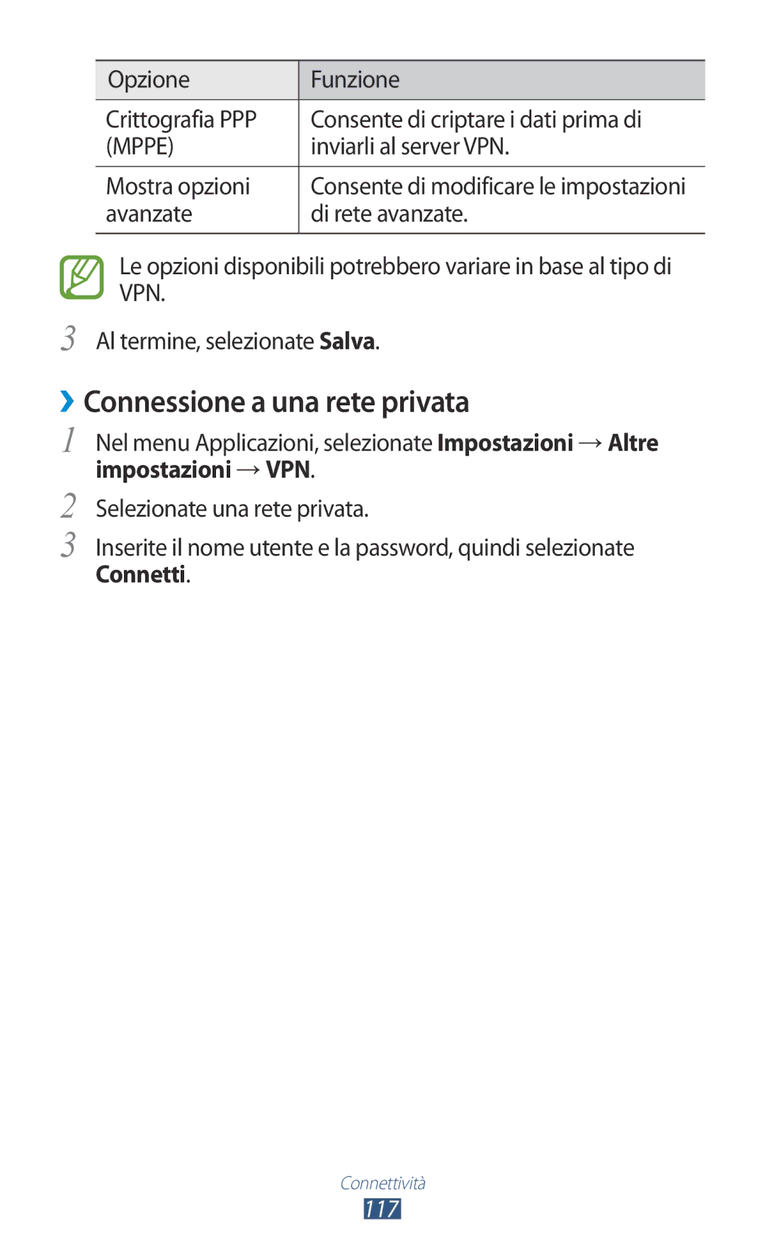 Samsung GT-P5100TSAWIN, GT-P5100TSAXEO, GT-P5100ZWAITV ››Connessione a una rete privata, Impostazioni →VPN, Connetti, 117 