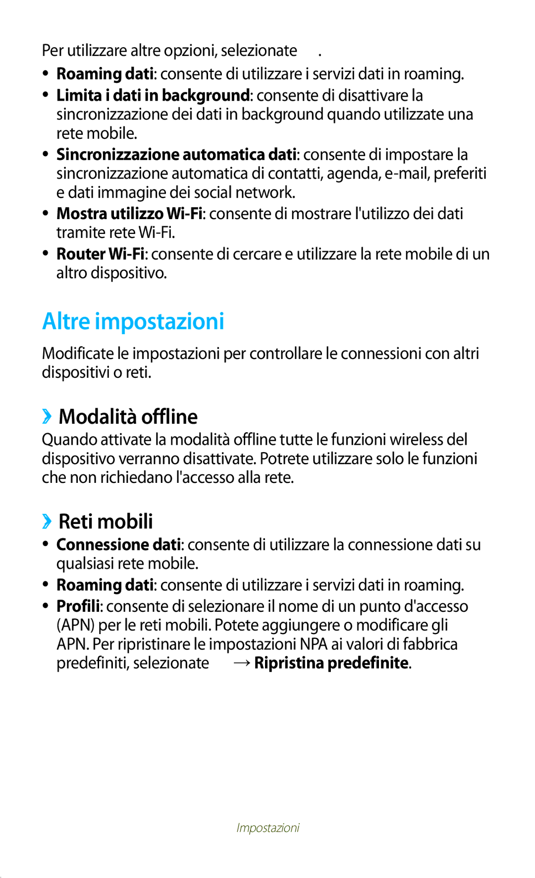 Samsung GT-P5100ZWATIM, GT-P5100TSAXEO, GT-P5100ZWAITV manual Altre impostazioni, ››Modalità offline, ››Reti mobili, 127 