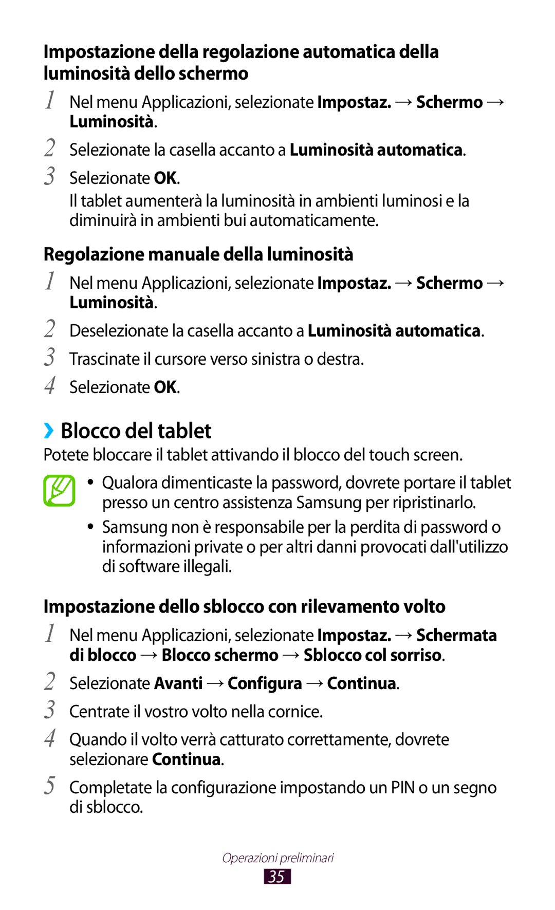 Samsung GT-P5100TSAXEO, GT-P5100ZWAITV manual ››Blocco del tablet, Luminosità, Selezionate Avanti →Configura →Continua 