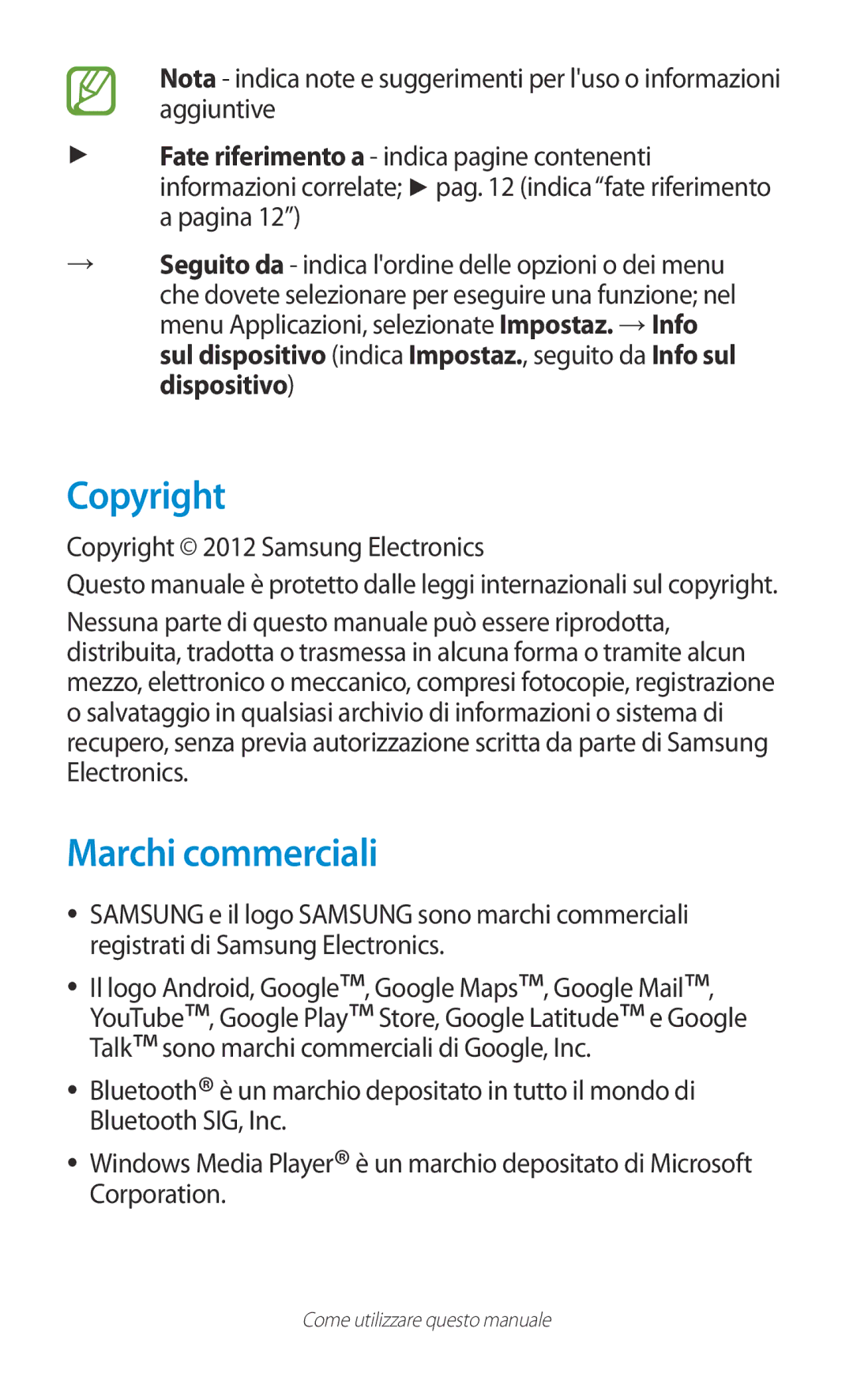 Samsung GT-P5100ZWAHUI, GT-P5100TSAXEO, GT-P5100ZWAITV manual Marchi commerciali, Copyright 2012 Samsung Electronics 