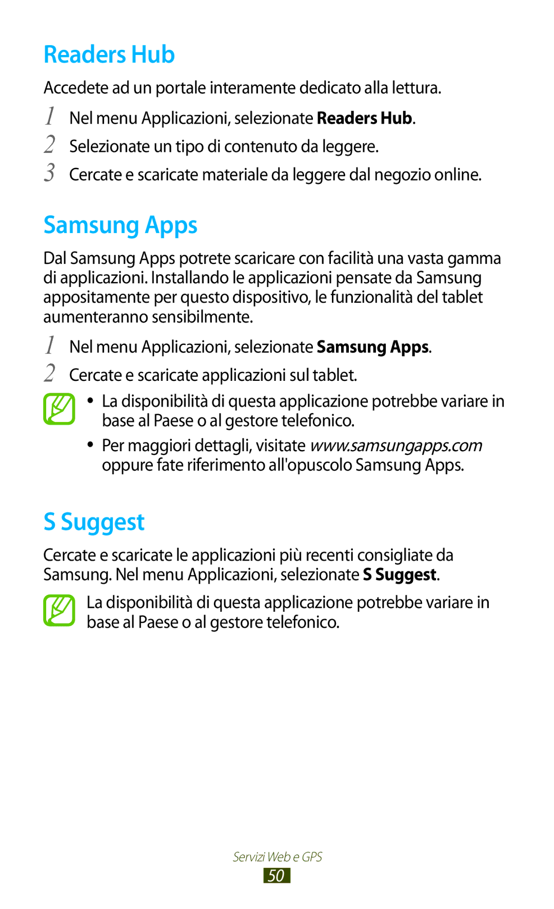 Samsung GT-P5100ZWADBT manual Readers Hub, Samsung Apps, Suggest, Accedete ad un portale interamente dedicato alla lettura 