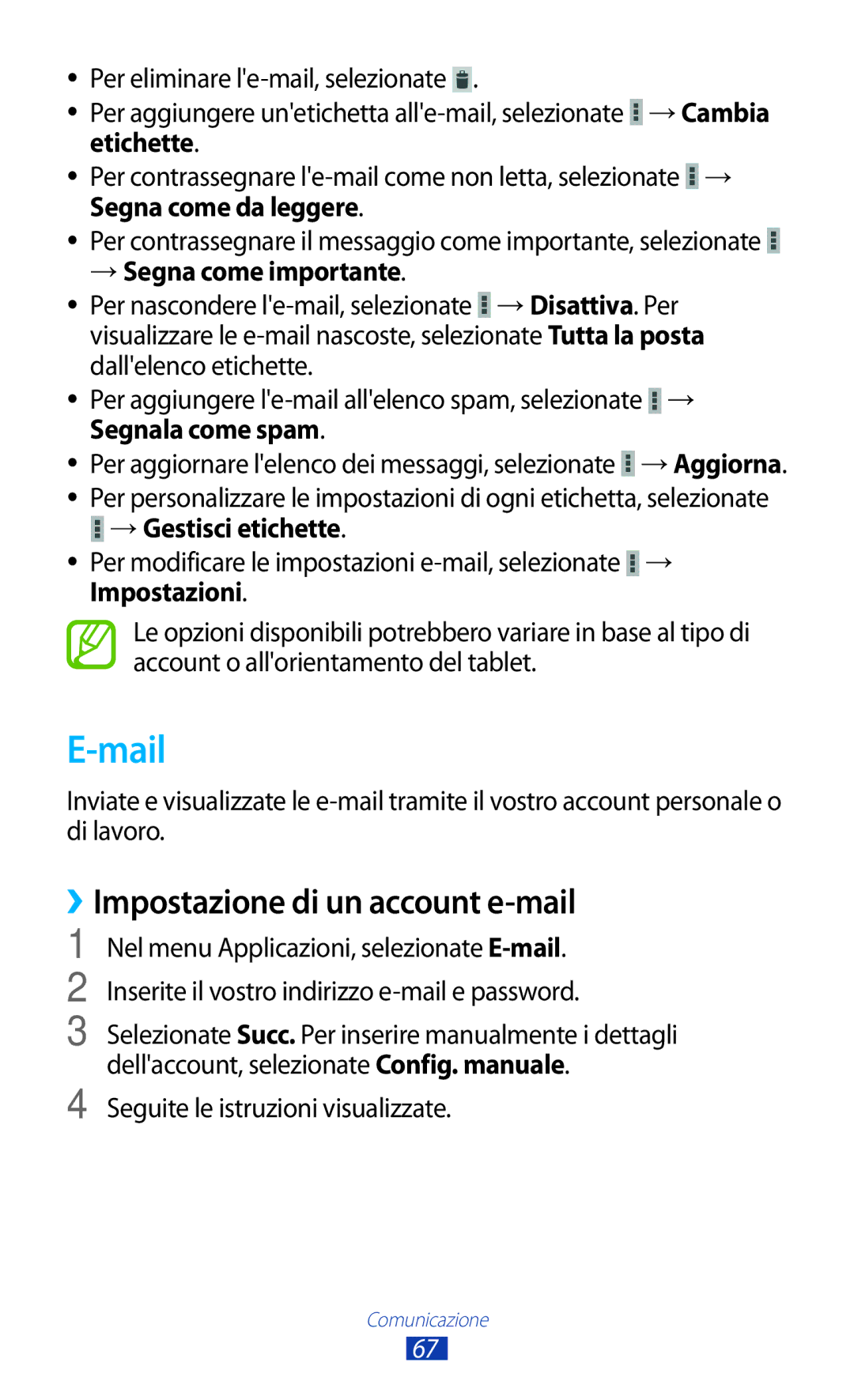 Samsung GT-P5100ZWATIM, GT-P5100TSAXEO manual Mail, ››Impostazione di un account e-mail, Seguite le istruzioni visualizzate 