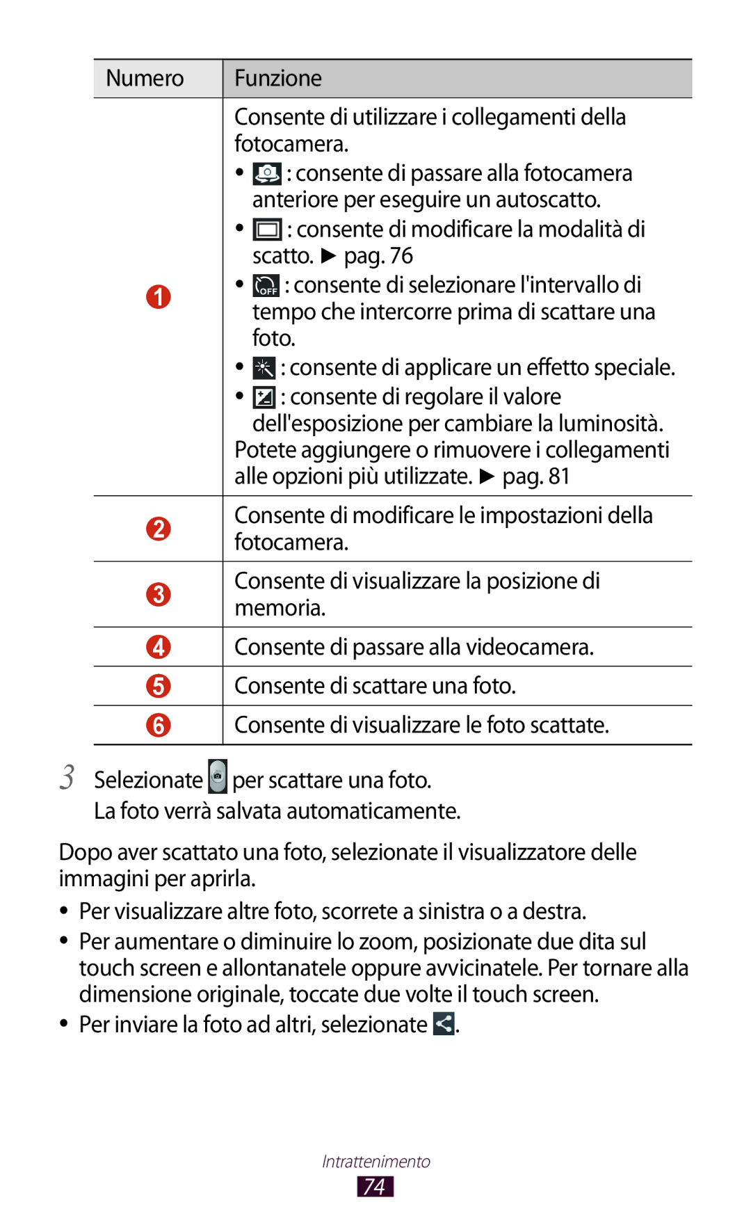 Samsung GT-P5100ZWADBT manual Anteriore per eseguire un autoscatto, Scatto. pag, Foto, Consente di regolare il valore 