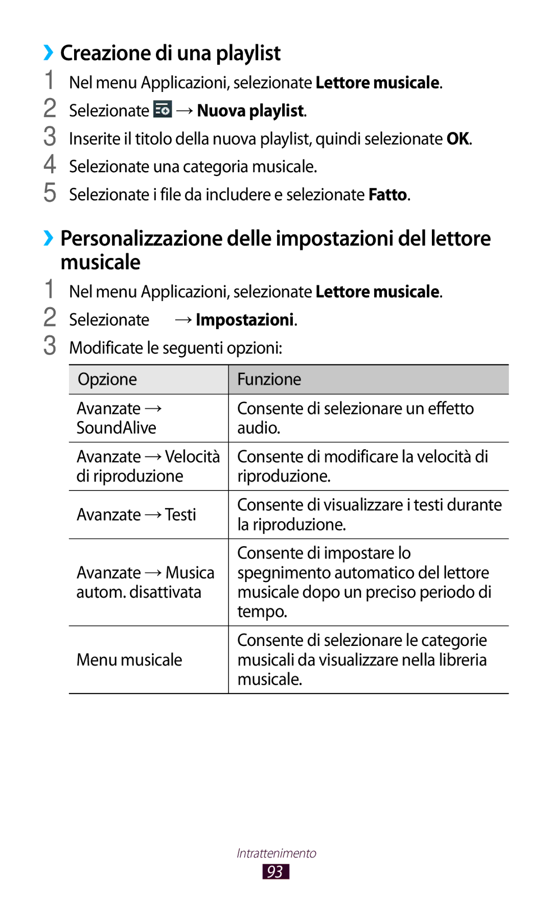 Samsung GT-P5100TSAWIN manual ››Creazione di una playlist, ››Personalizzazione delle impostazioni del lettore musicale 