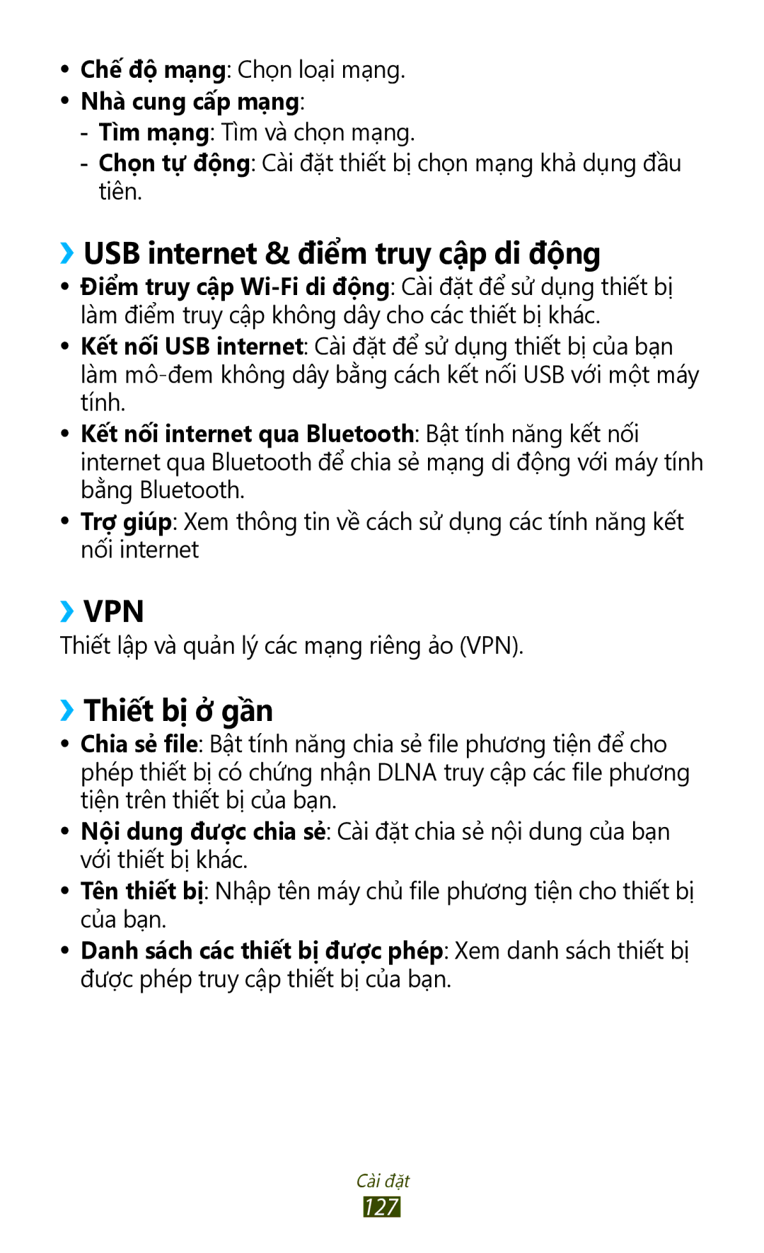 Samsung GT-P5100TSAXEV, GT-P5100TSAXXV manual ››USB internet & điêm truy câp di đông, ››Thiết bị̣ ở gần, Nhà cung cấ́p mạng 