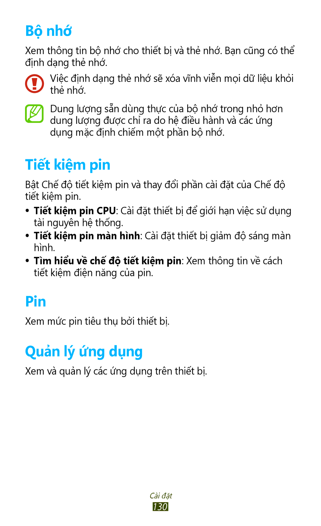 Samsung GT-P5100TSAXXV, GT-P5100TSAXEV manual Bô nhơ, Tiết kiệm pin, Pin, Quản lý ứng dụng 