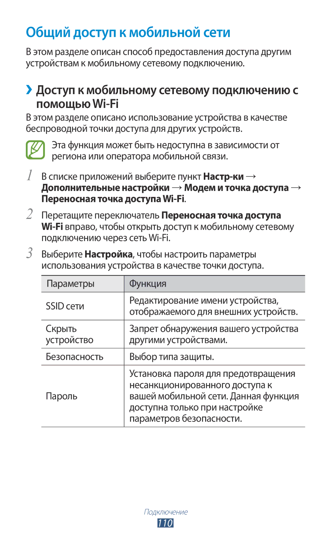 Samsung GT-P5100ZWASEB Общий доступ к мобильной сети, ››Доступ к мобильному сетевому подключению с помощью Wi-Fi, 110 