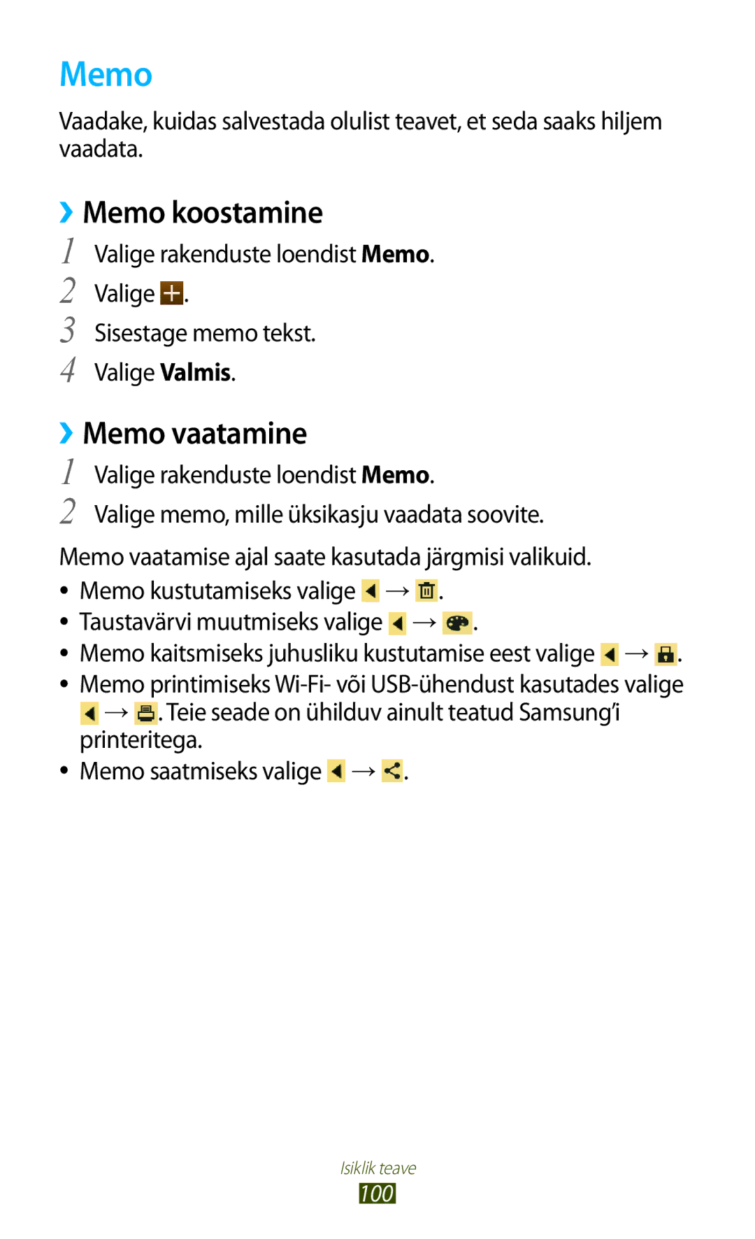 Samsung GT-P5100ZWASEB manual ››Memo koostamine, ››Memo vaatamine, Memo kaitsmiseks juhusliku kustutamise eest valige → 