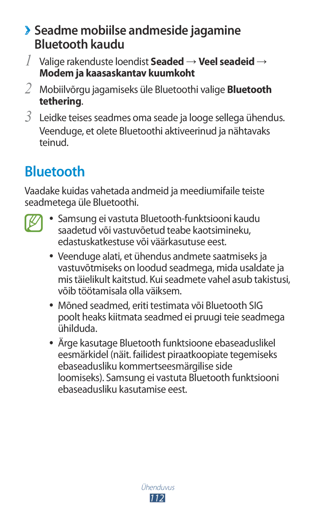 Samsung GT-P5100ZWASEB manual ››Seadme mobiilse andmeside jagamine Bluetooth kaudu, Modem ja kaasaskantav kuumkoht 