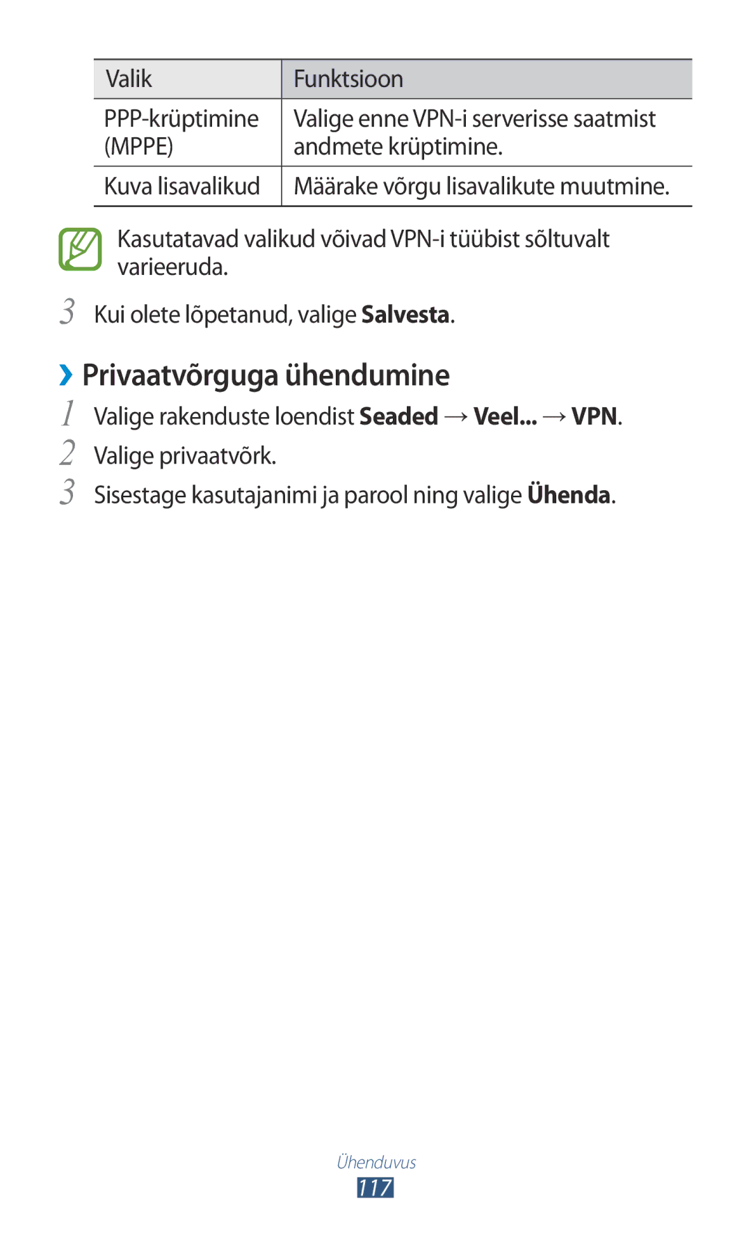 Samsung GT-P5100TSASEB ››Privaatvõrguga ühendumine, Valik Funktsioon PPP-krüptimine, Andmete krüptimine, Kuva lisavalikud 