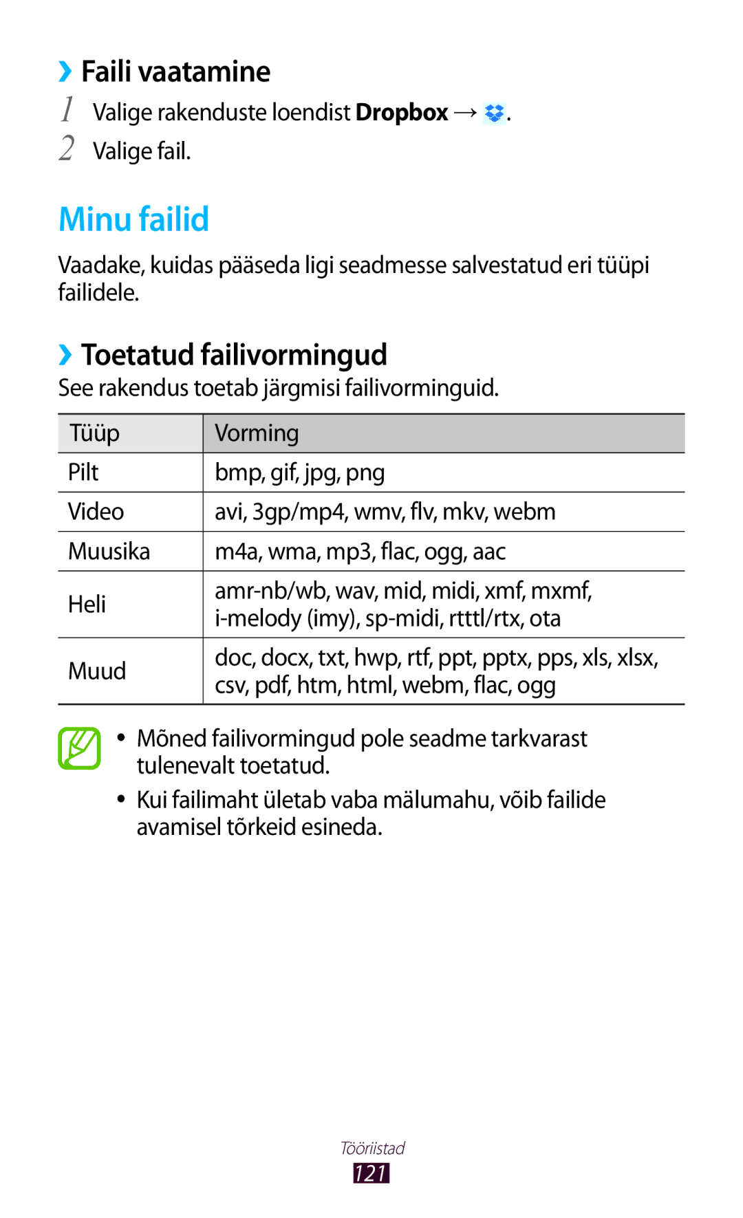 Samsung GT-P5100TSASEB, GT-P5100ZWASEB manual Minu failid, ››Faili vaatamine, ››Toetatud failivormingud 