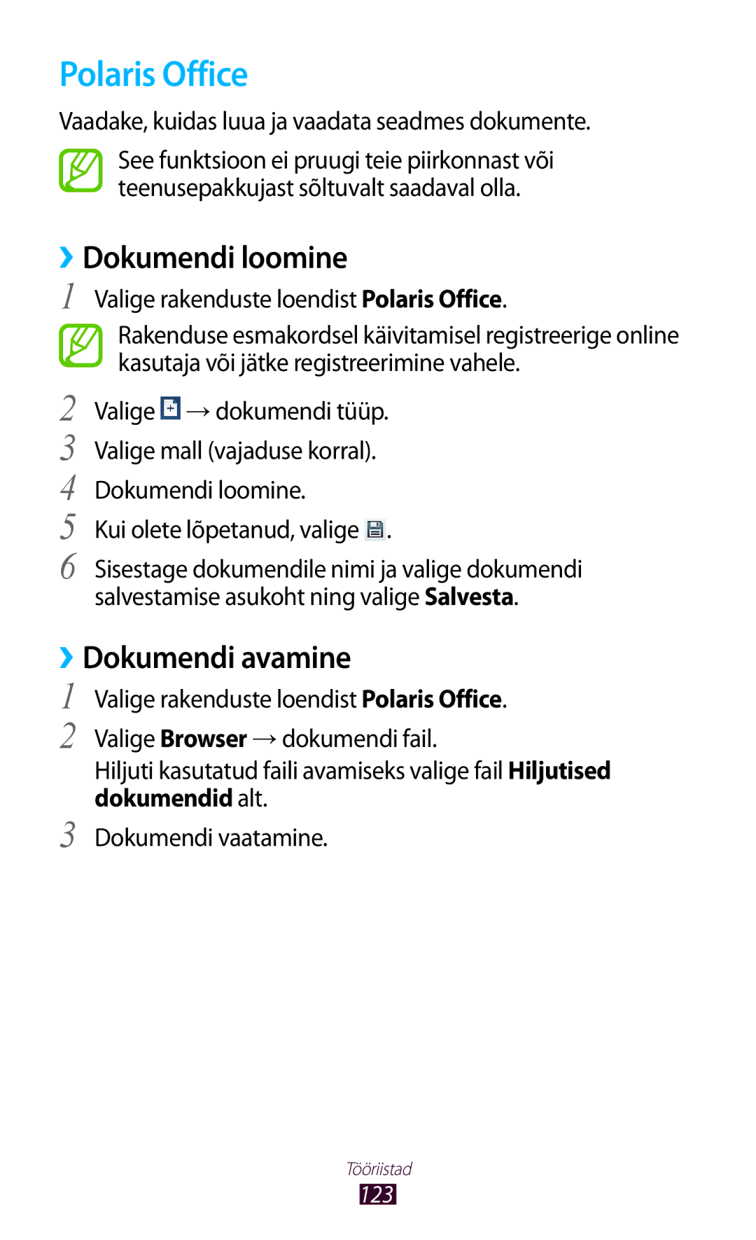 Samsung GT-P5100TSASEB manual Polaris Office, ››Dokumendi loomine, ››Dokumendi avamine, Kui olete lõpetanud, valige 