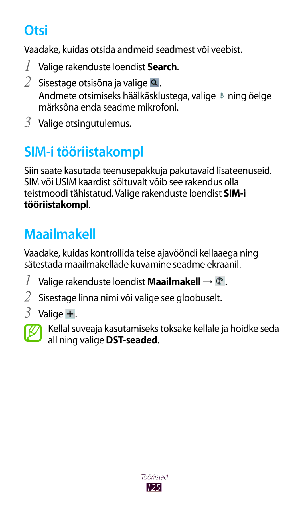 Samsung GT-P5100TSASEB, GT-P5100ZWASEB manual Otsi, SIM-i tööriistakompl, Maailmakell 