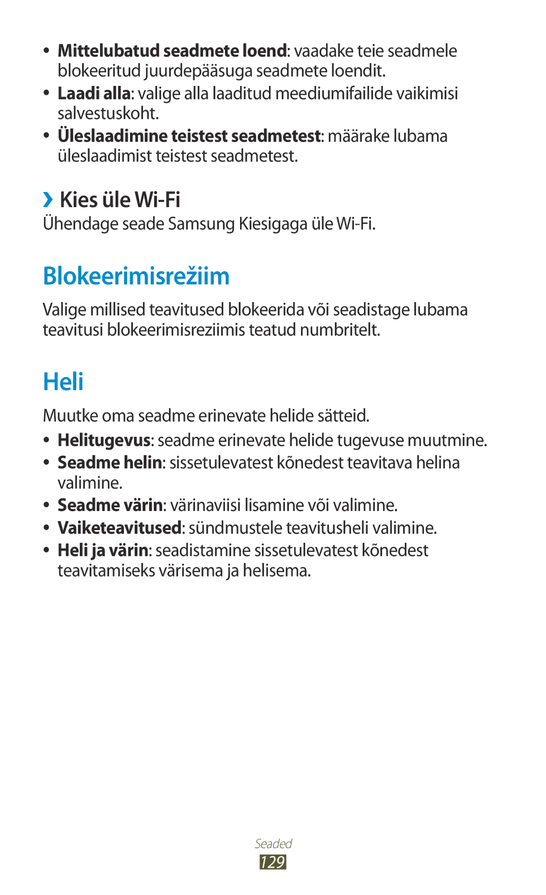 Samsung GT-P5100TSASEB manual Blokeerimisrežiim, Heli, ››Kies üle Wi-Fi, Ühendage seade Samsung Kiesigaga üle Wi-Fi 