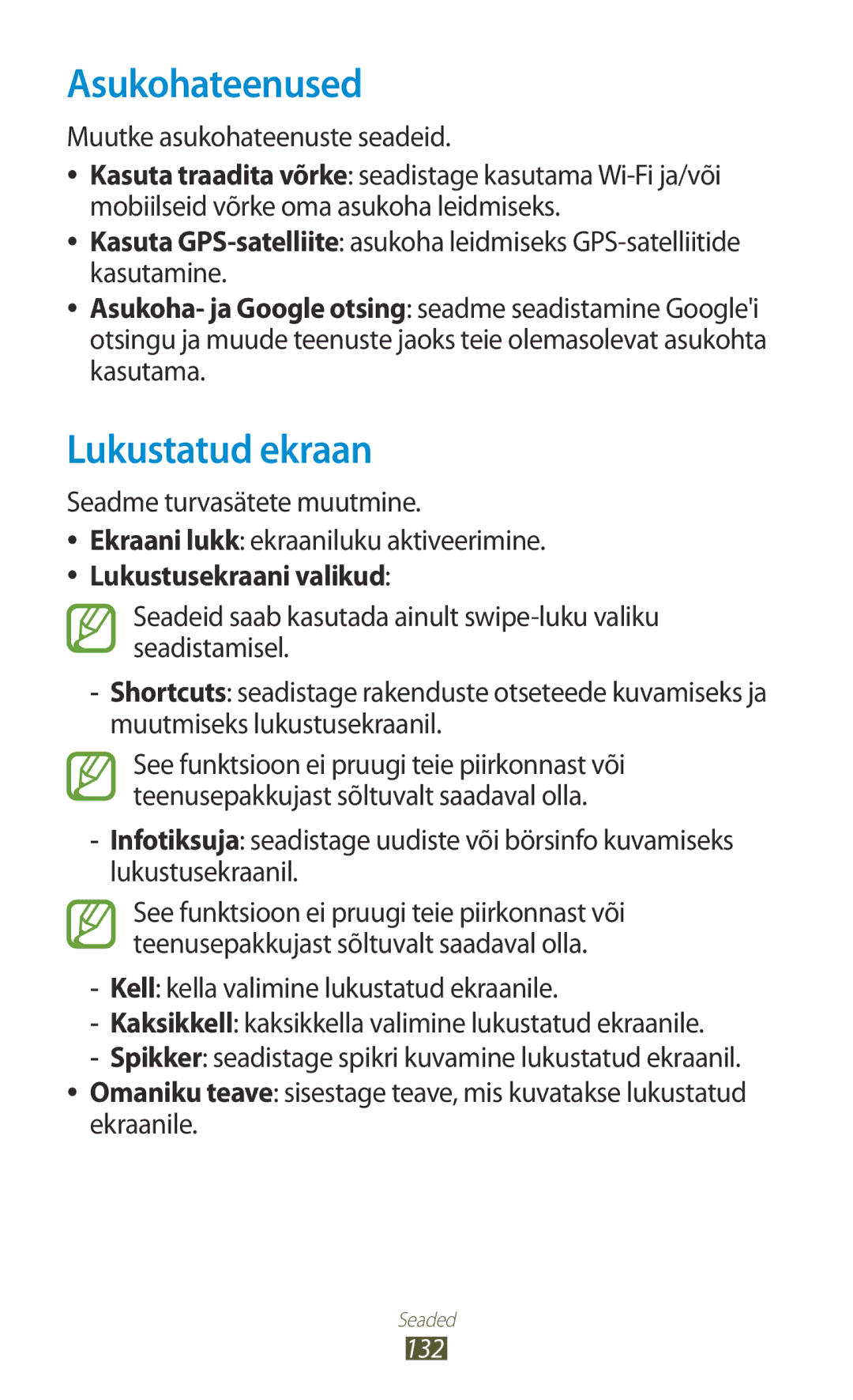 Samsung GT-P5100ZWASEB Asukohateenused, Lukustatud ekraan, Muutke asukohateenuste seadeid, Seadme turvasätete muutmine 